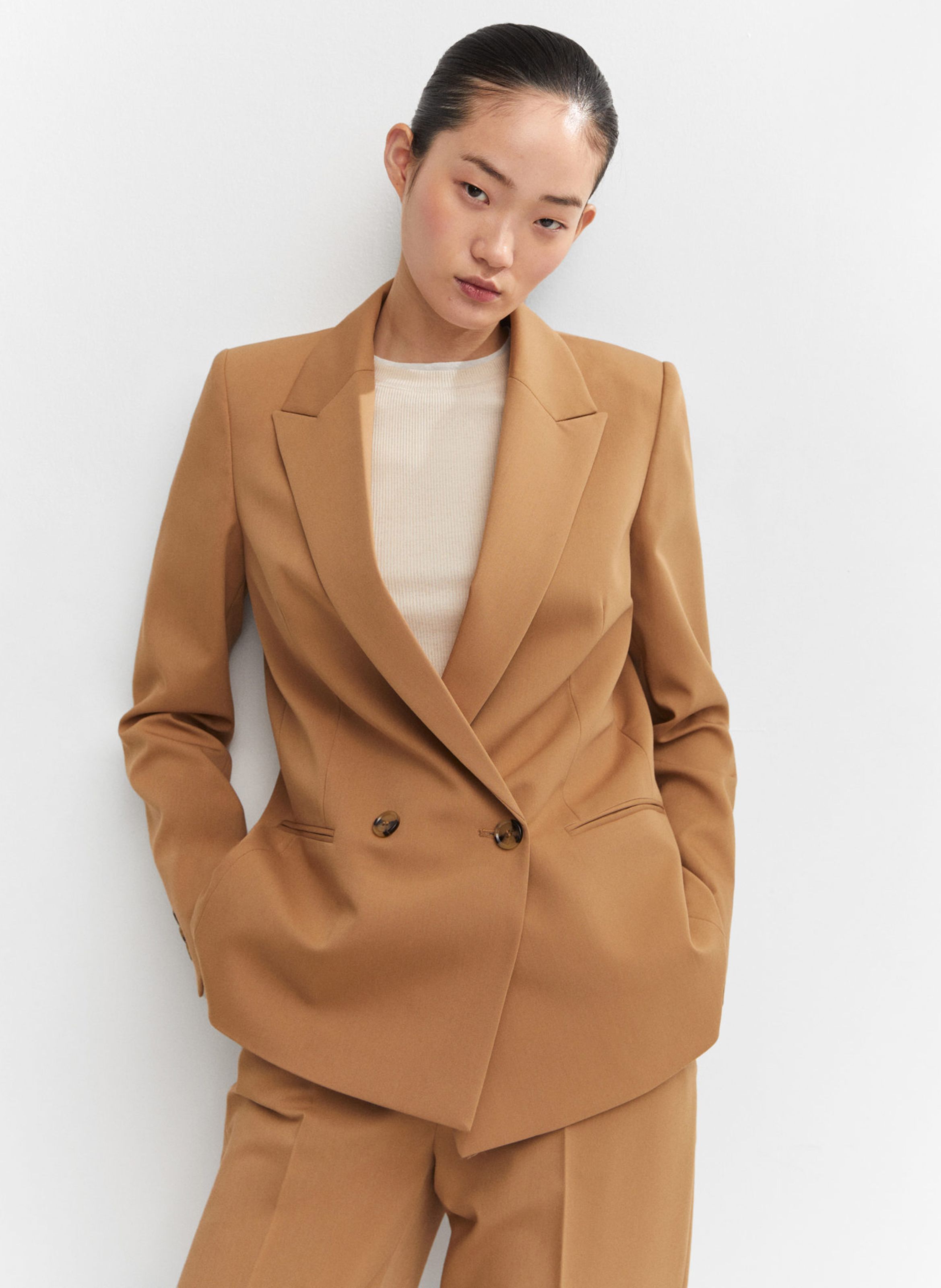 Veste tailleur droite double boutonnage Marron