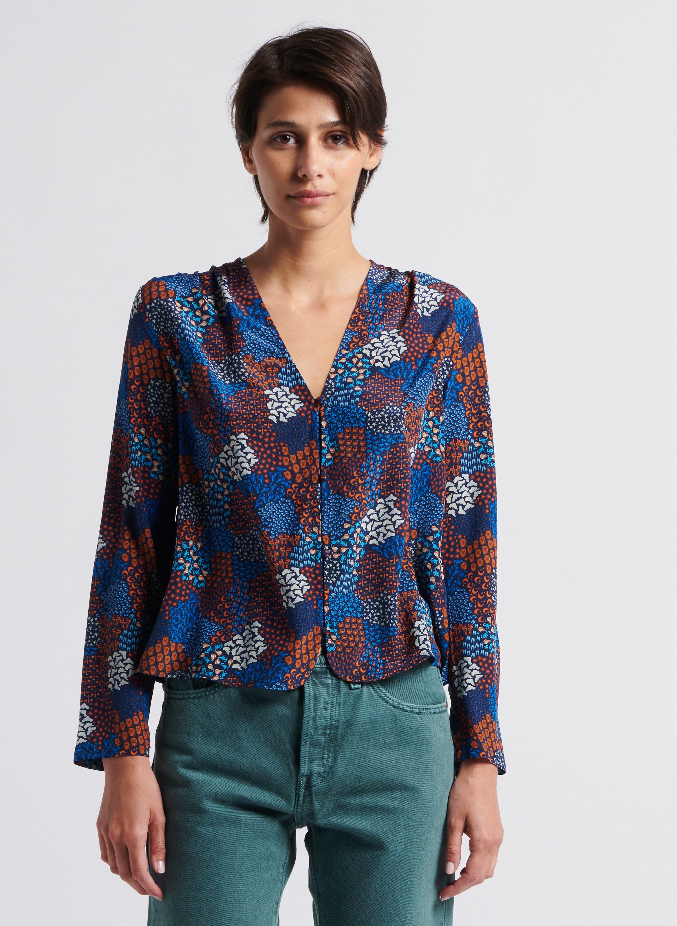 Blouse col V en soie SOI PARIS Bleu