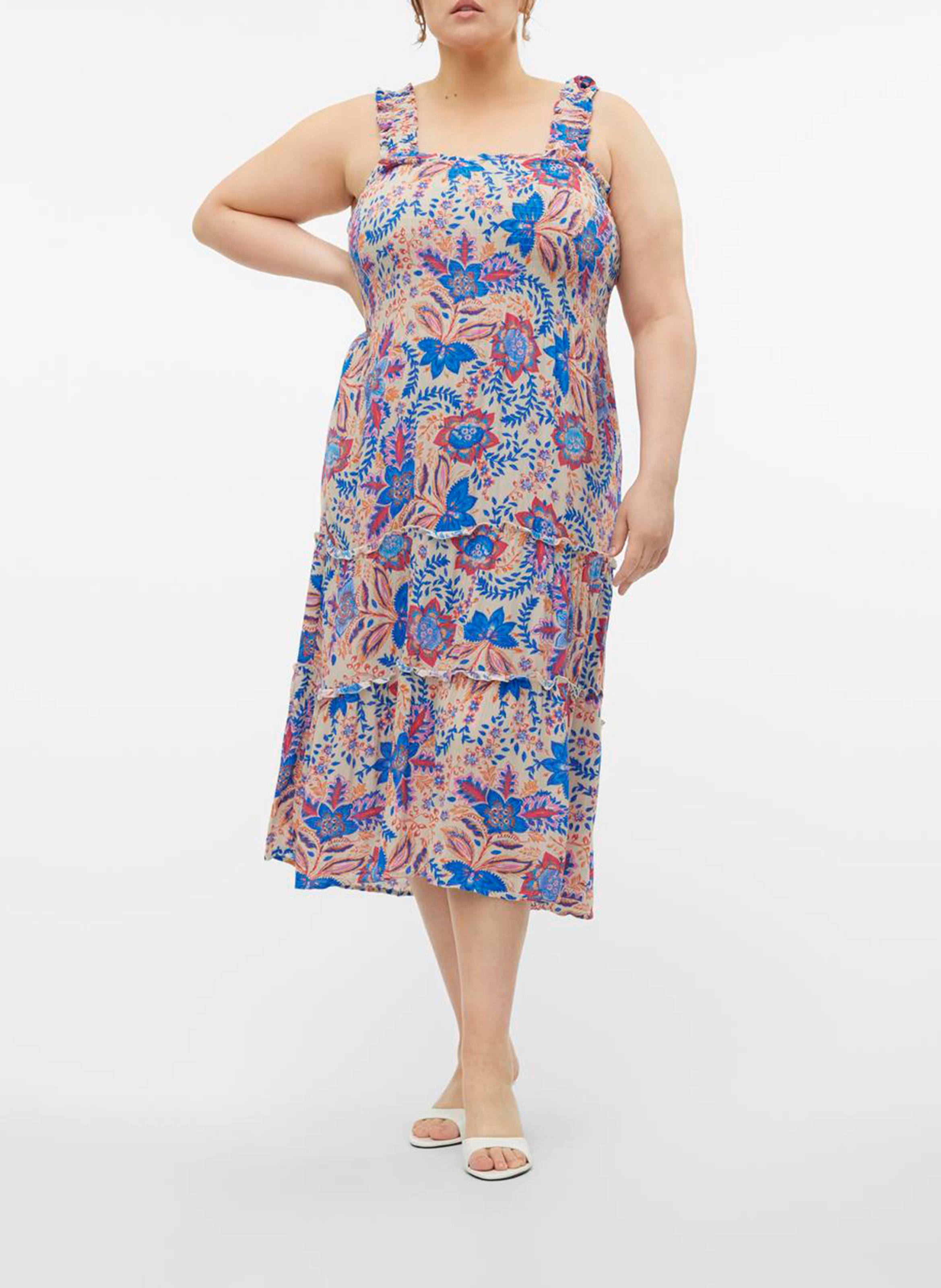 Robe midi smockée et imprimée VERO MODA CURVE Beige