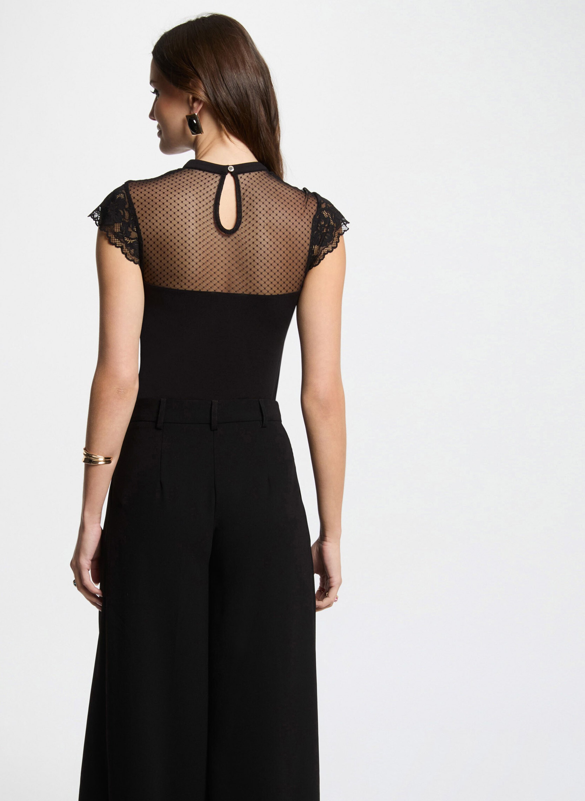 Fitted top with lace and Swiss dot MORGAN Black