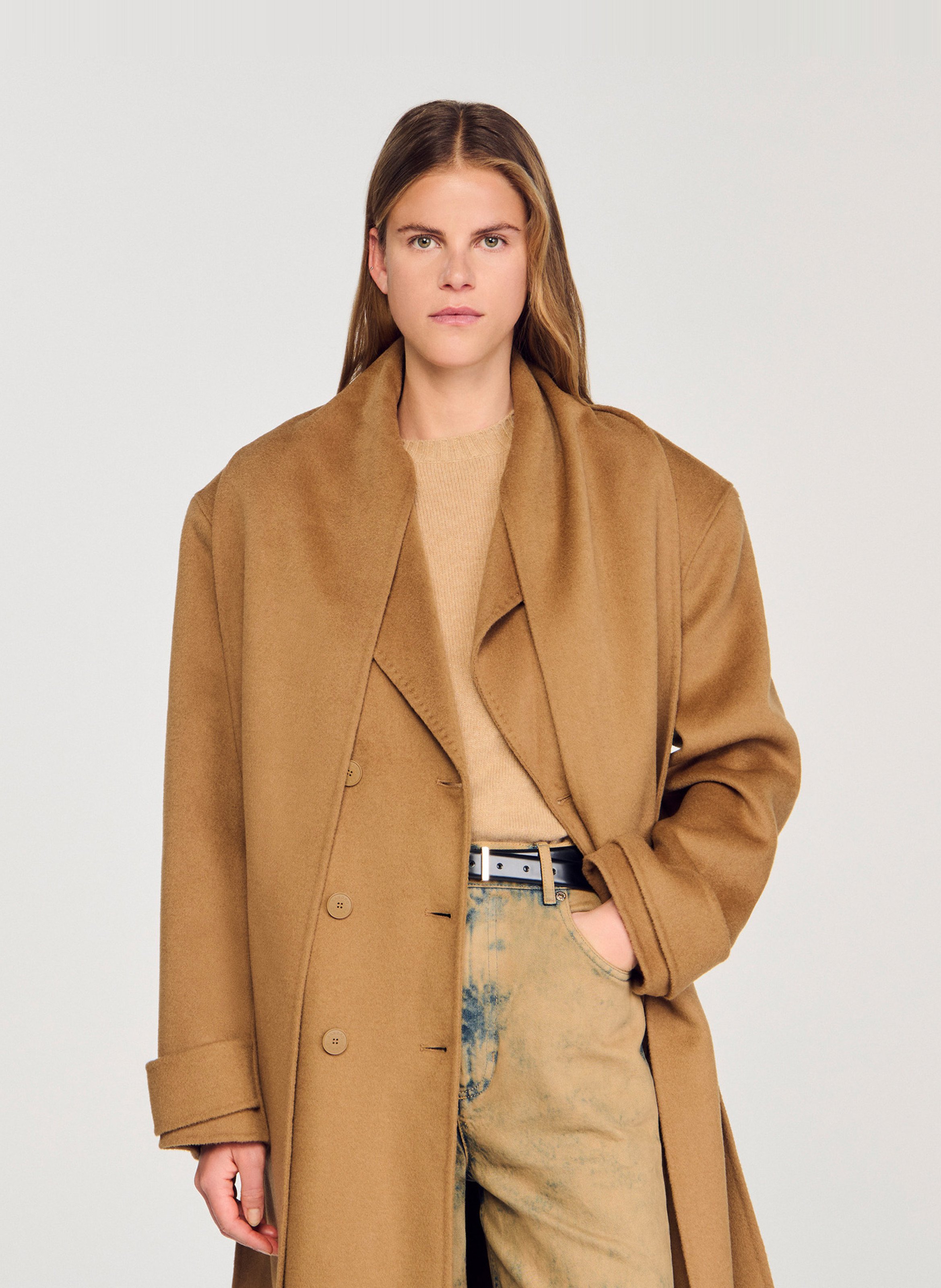 Jas met sjaalkraag van wol SANDRO Bruin