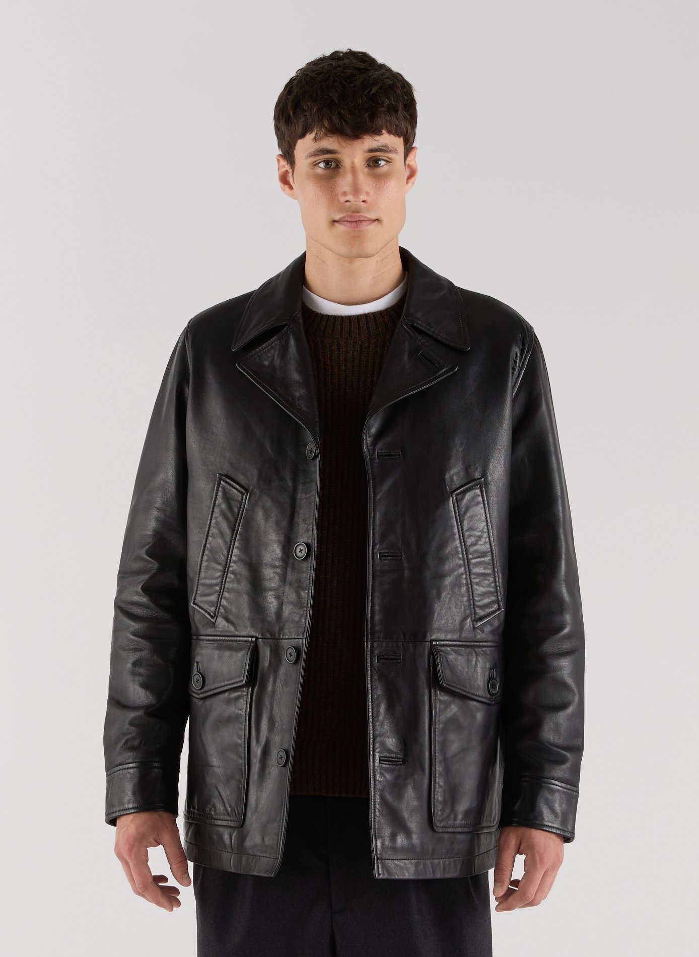 Straight-cut leather jacket with tailored collar SAISON 1865 Black