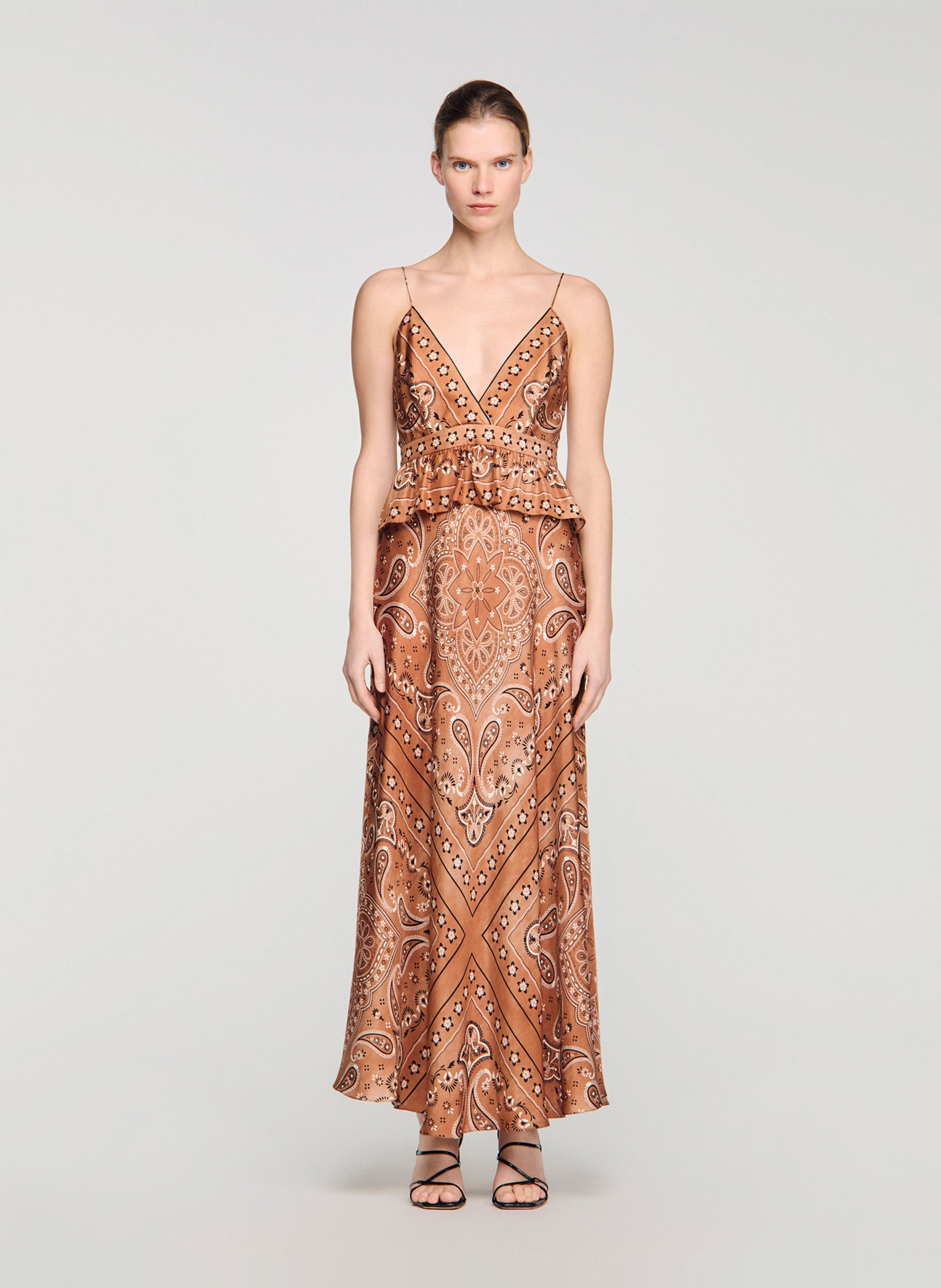 Lange jurk met V-hals SANDRO Bruin