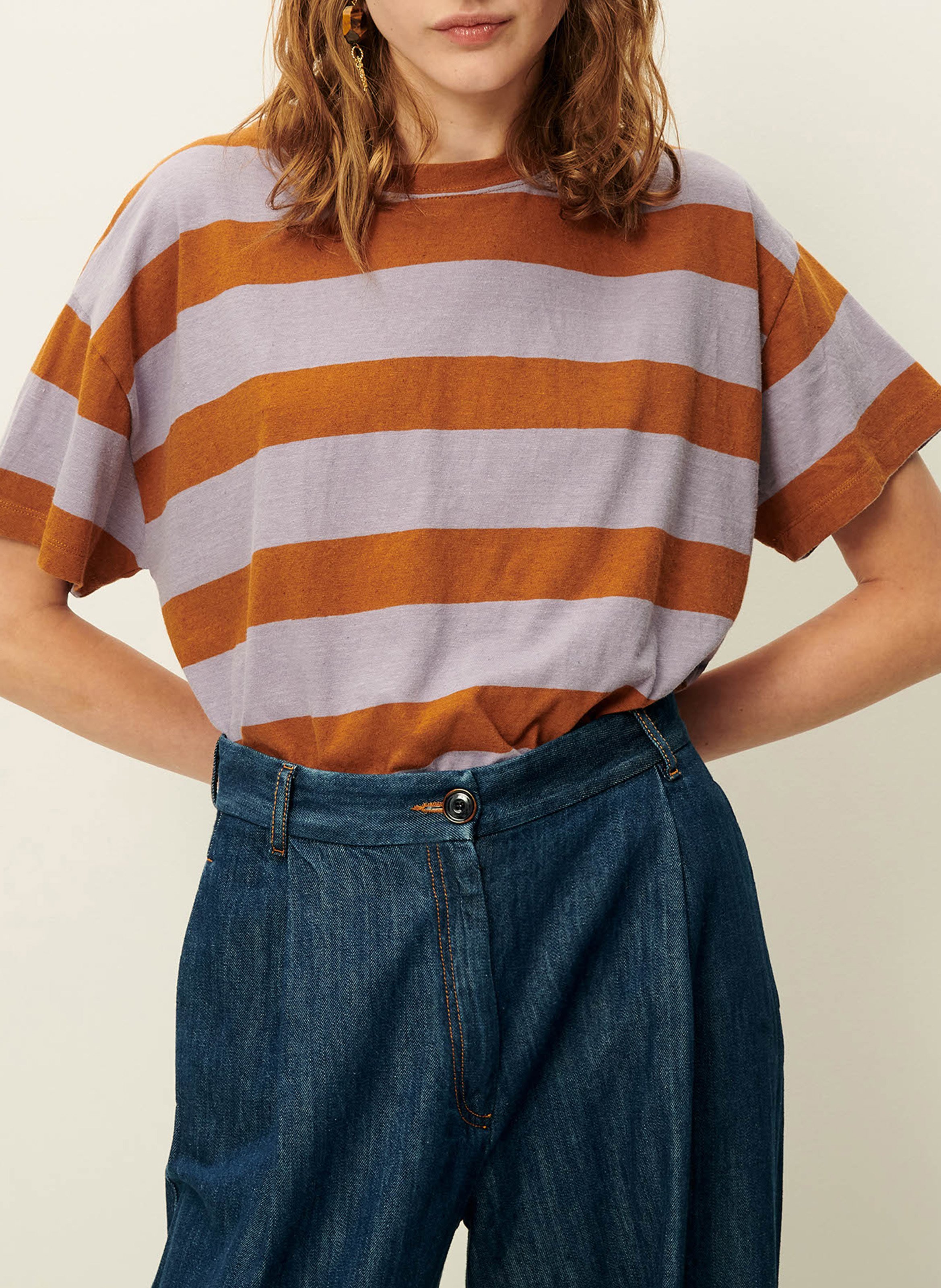 Tee-shirt ample col rond en coton mélangé rayé SESSUN Violet