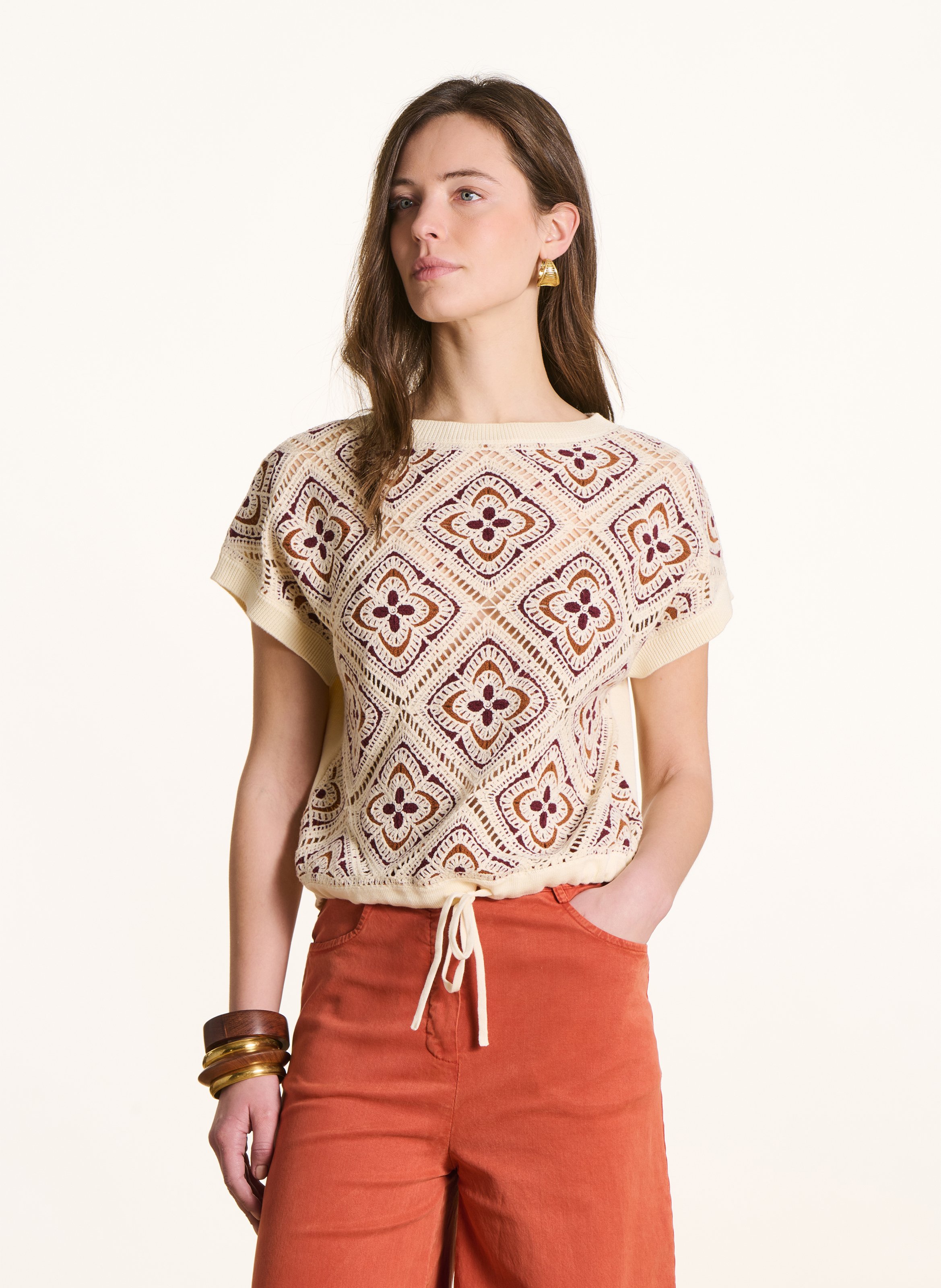 Top col rond en coton bio mélangé LA FEE MARABOUTEE Marron