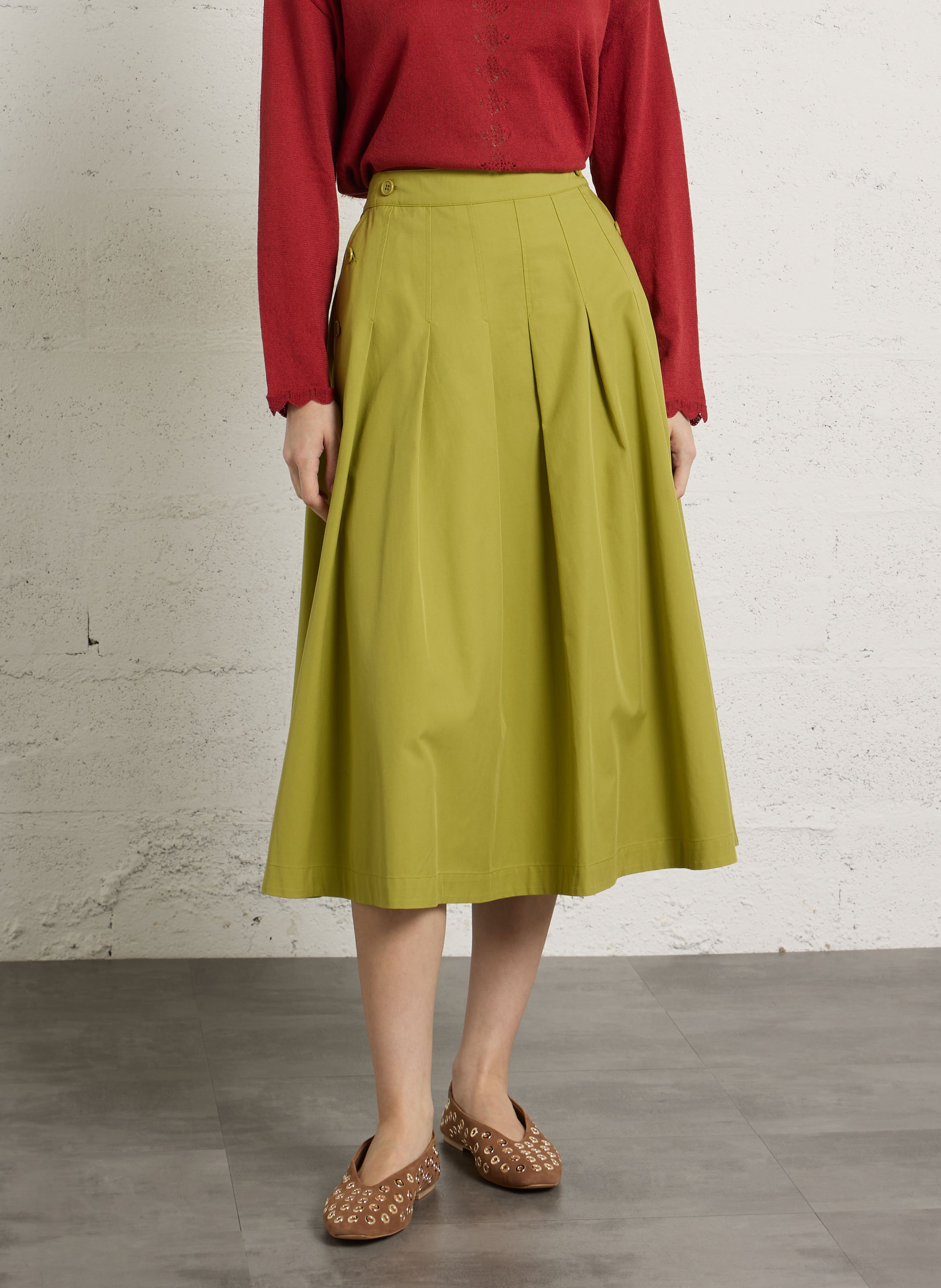 Pleated midi skirt in blended cotton. PETITE MENDIGOTE Green