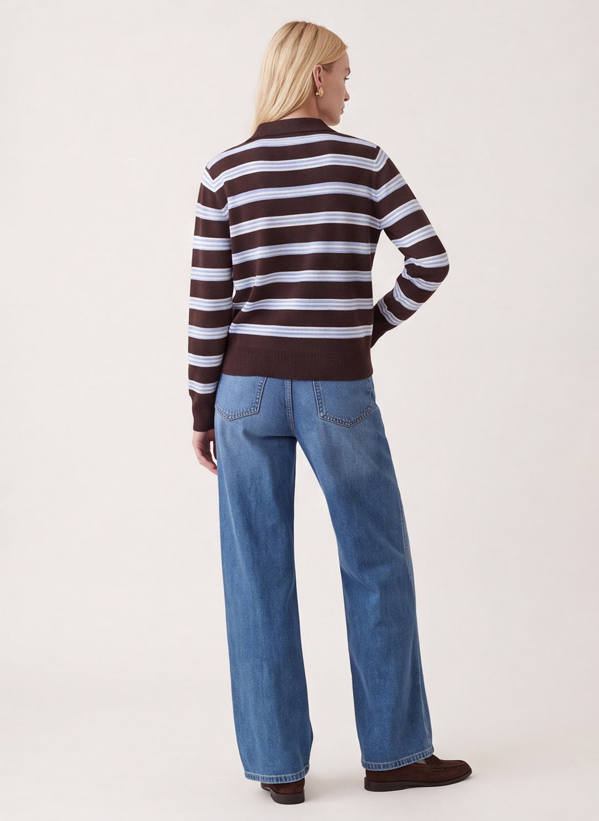 Straight-cut striped polo-collar sweater KOOKAI Brown