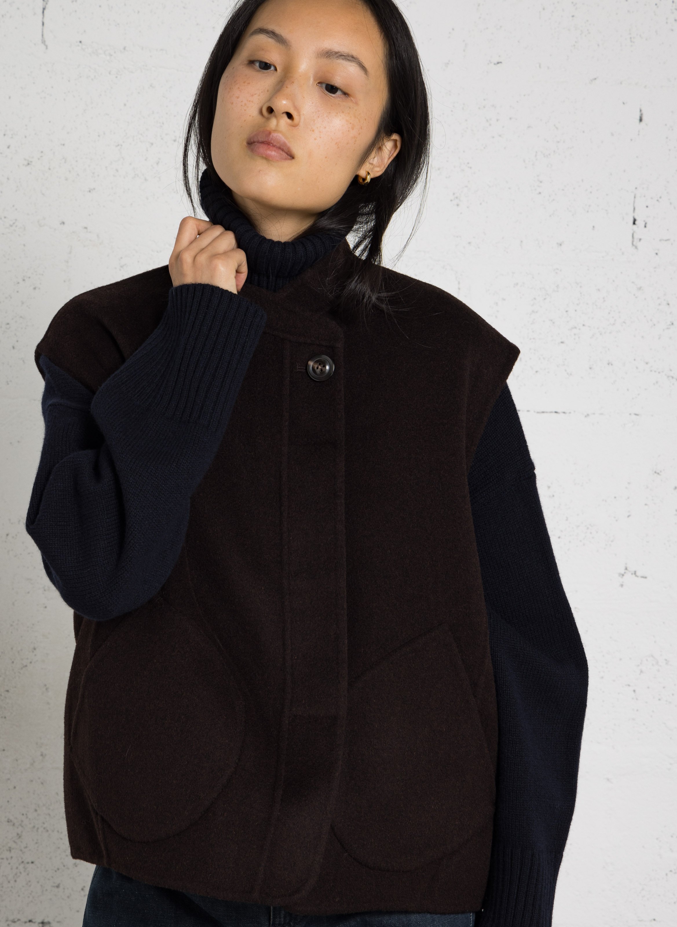 Short high-neck wool blend jacket SOEUR Brown