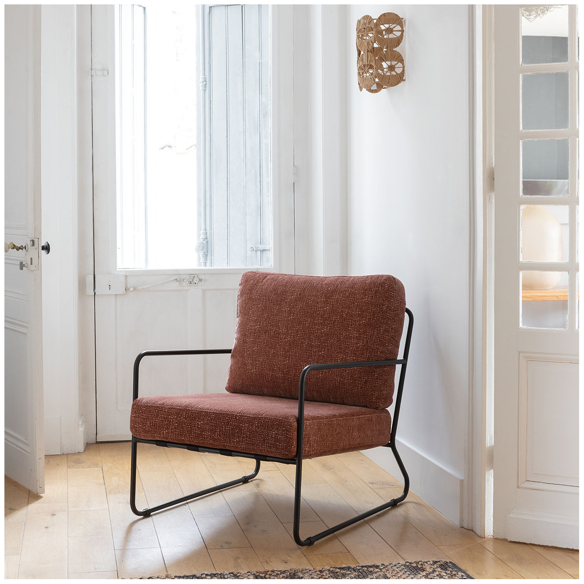 Fauteuil en bouclette et métal BLANC D'IVOIRE Rouge