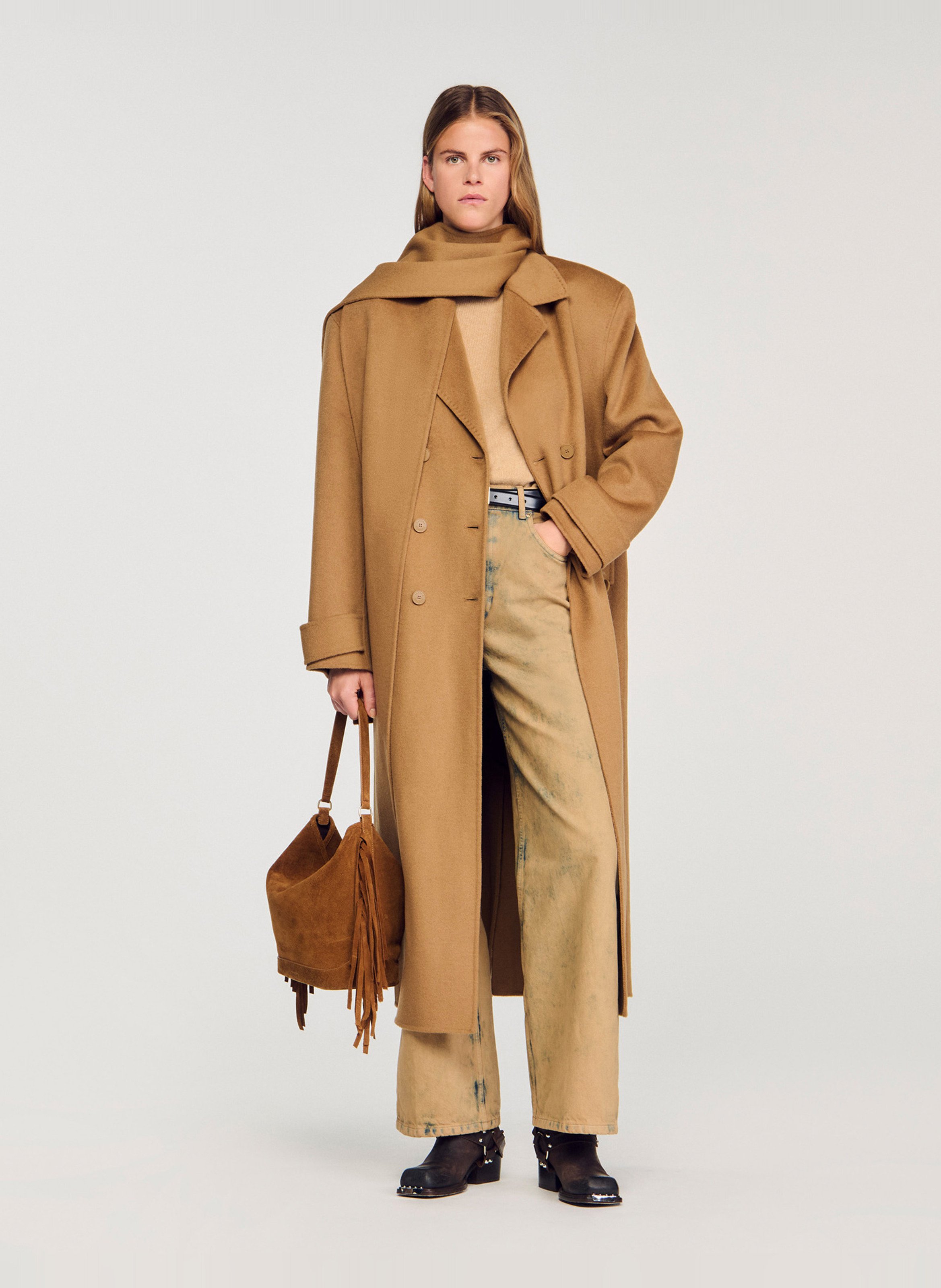 Jas met sjaalkraag van wol SANDRO Bruin