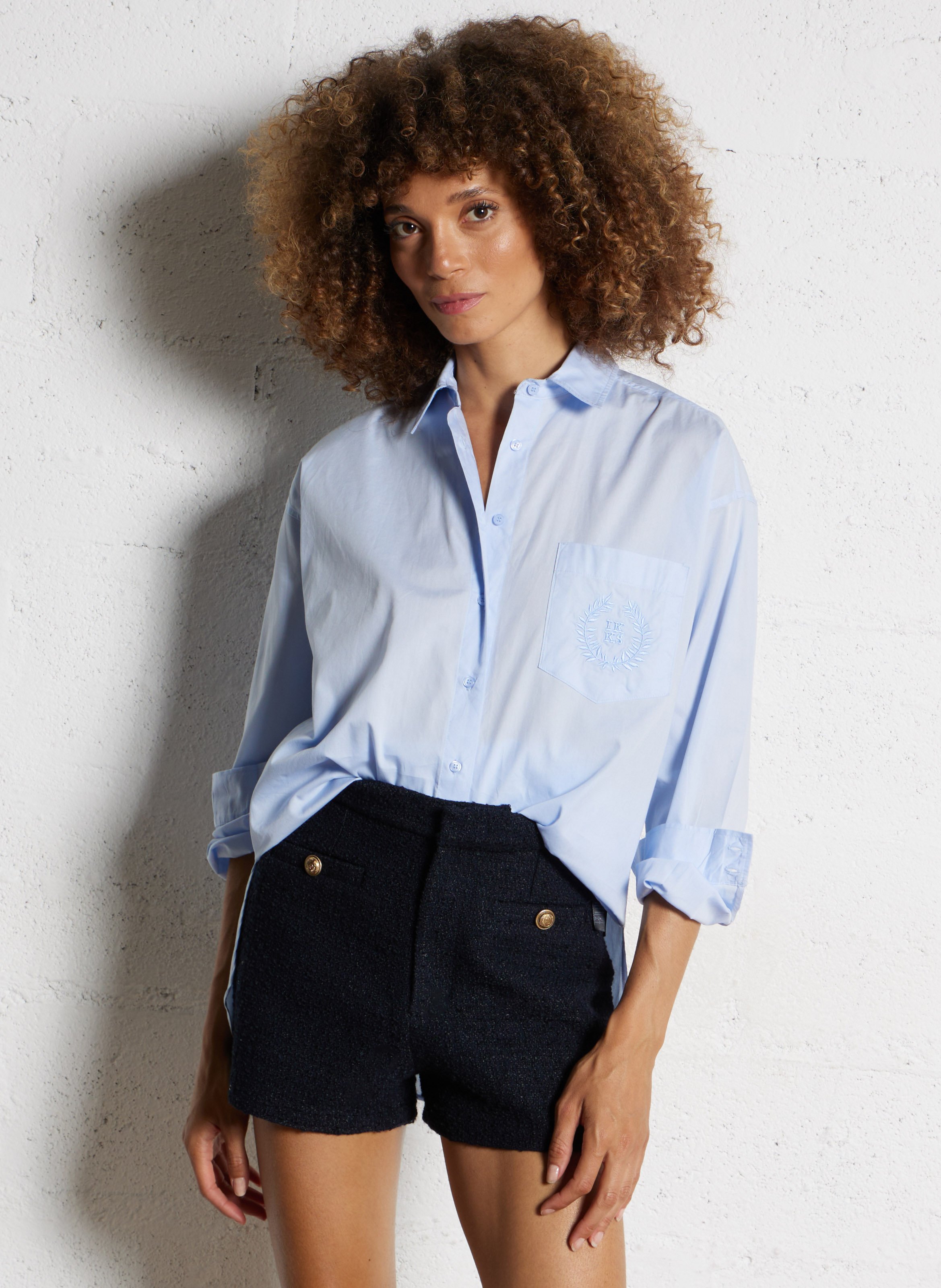 Chemise droit à poche brodée en coton IKKS Bleu