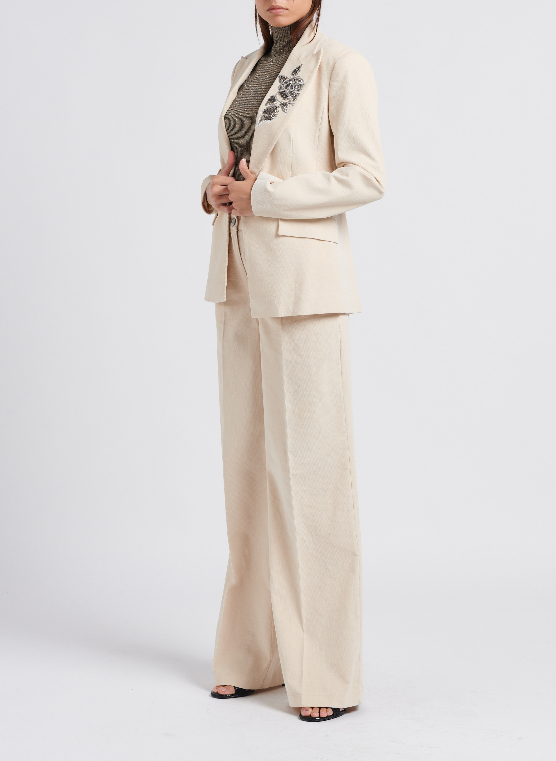 Sequin and pearl cotton jacket with tailored collar TWINSET Beige