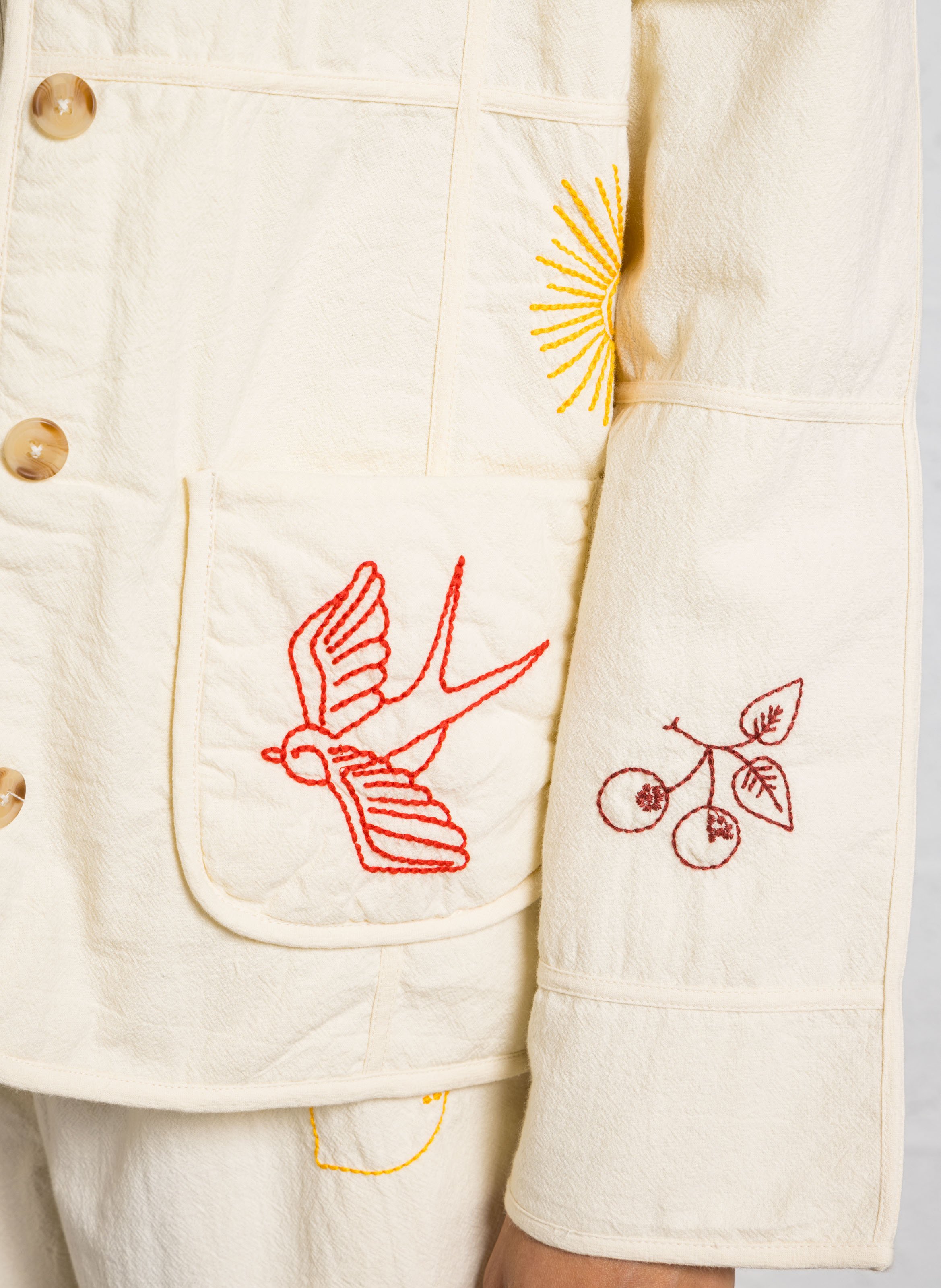 Straight round neck organic cotton embroidered jacket LEON & HARPER White