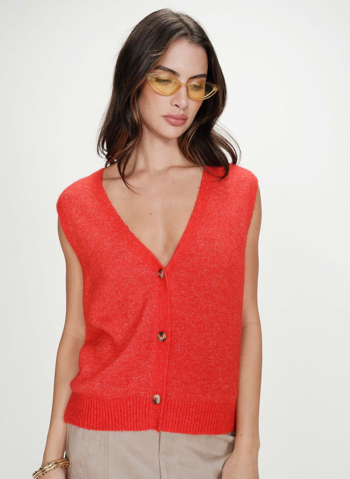 Sleeveless V-neck solid cardigan GRACE ET MILA Red