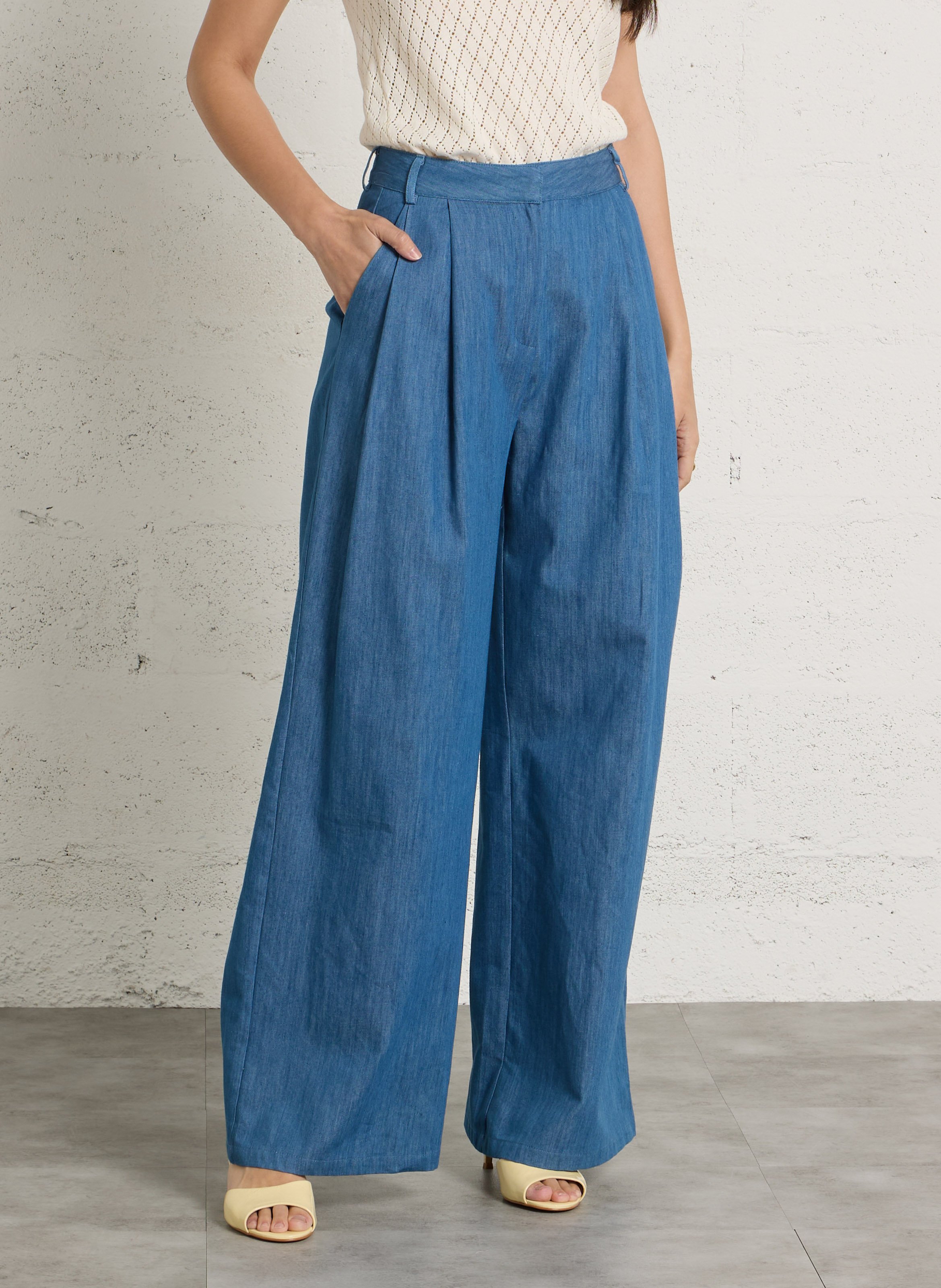 Pantalon large taille haute en coton LA PETITE ETOILE Bleu