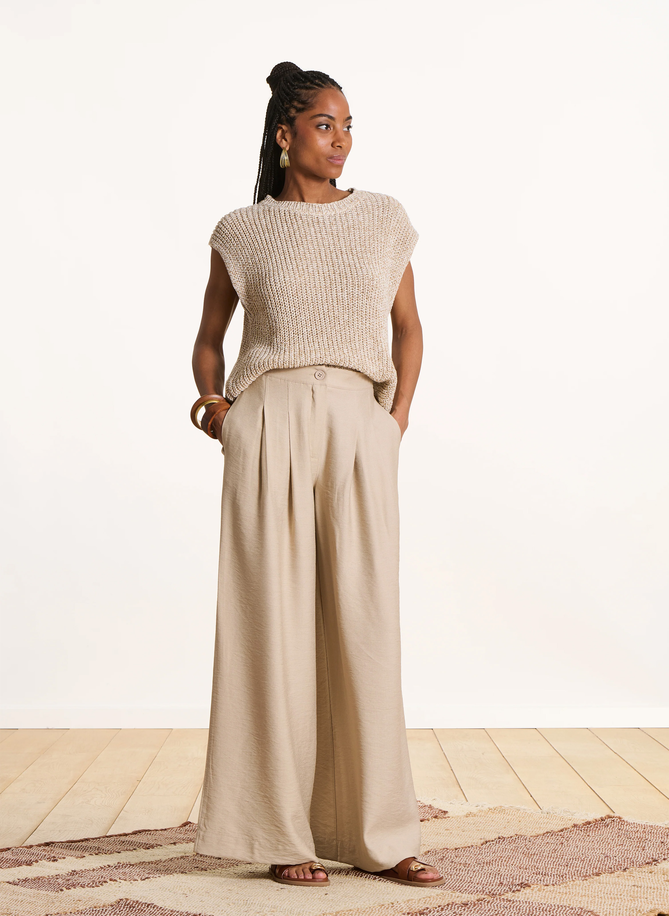 Pantalon large à taille haute LA FEE MARABOUTEE Beige
