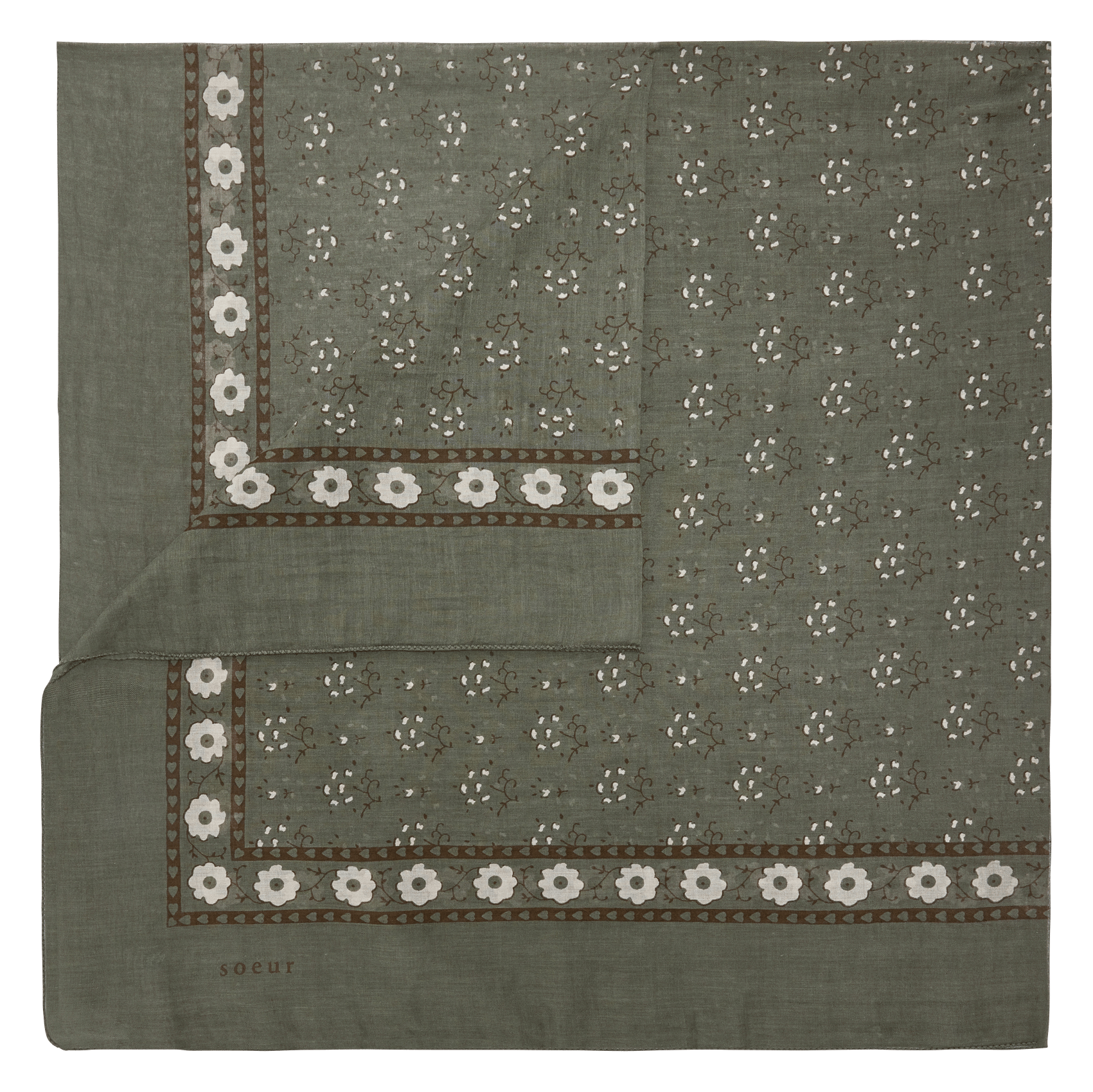 Foulard carré imprimé en coton  Kaki marron