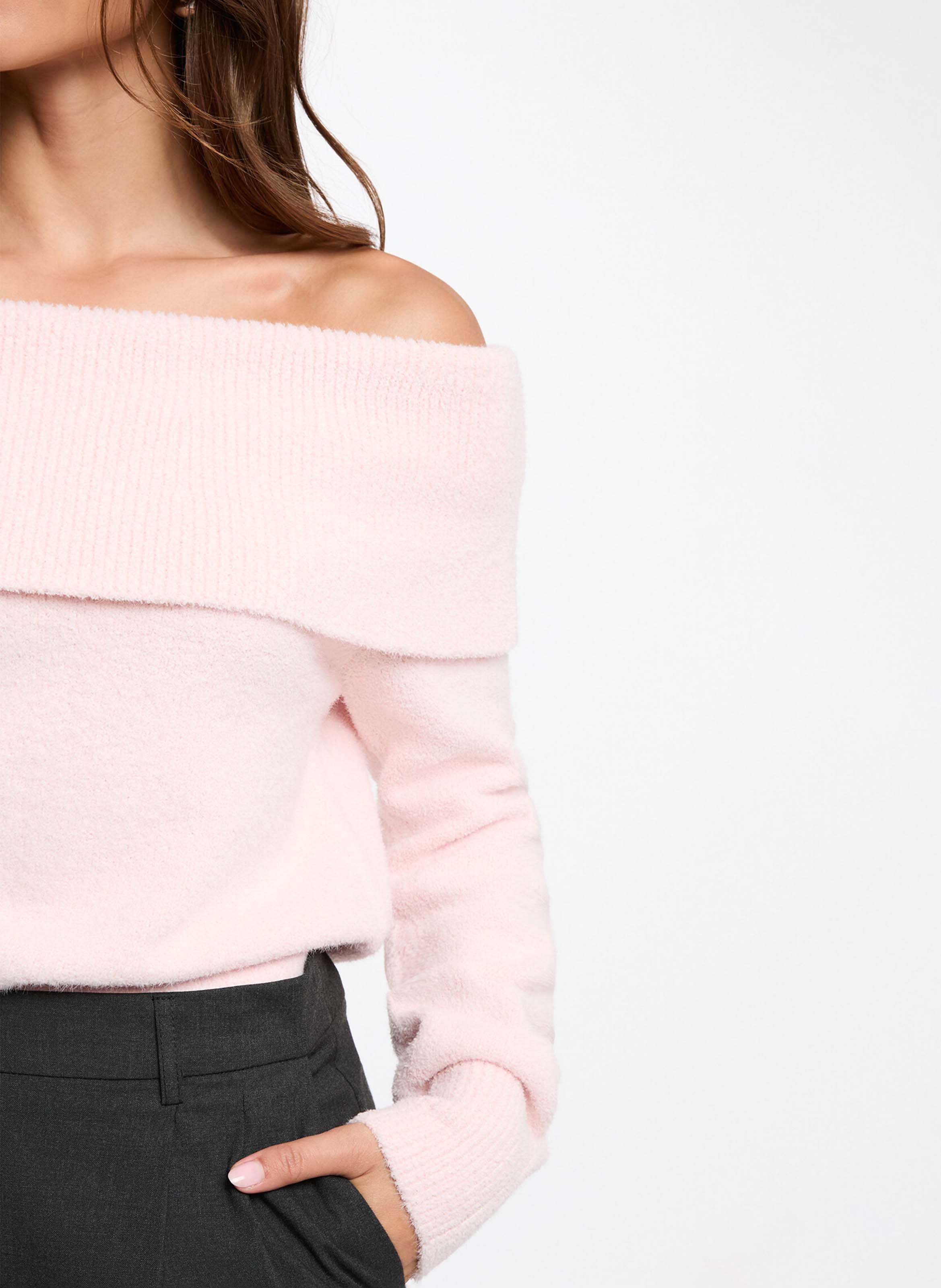 Fitted off-the-shoulder knit sweater | Pink MORGAN Women