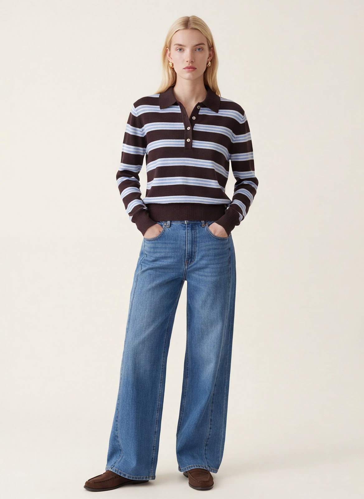 Straight-cut striped polo-collar sweater KOOKAI Brown
