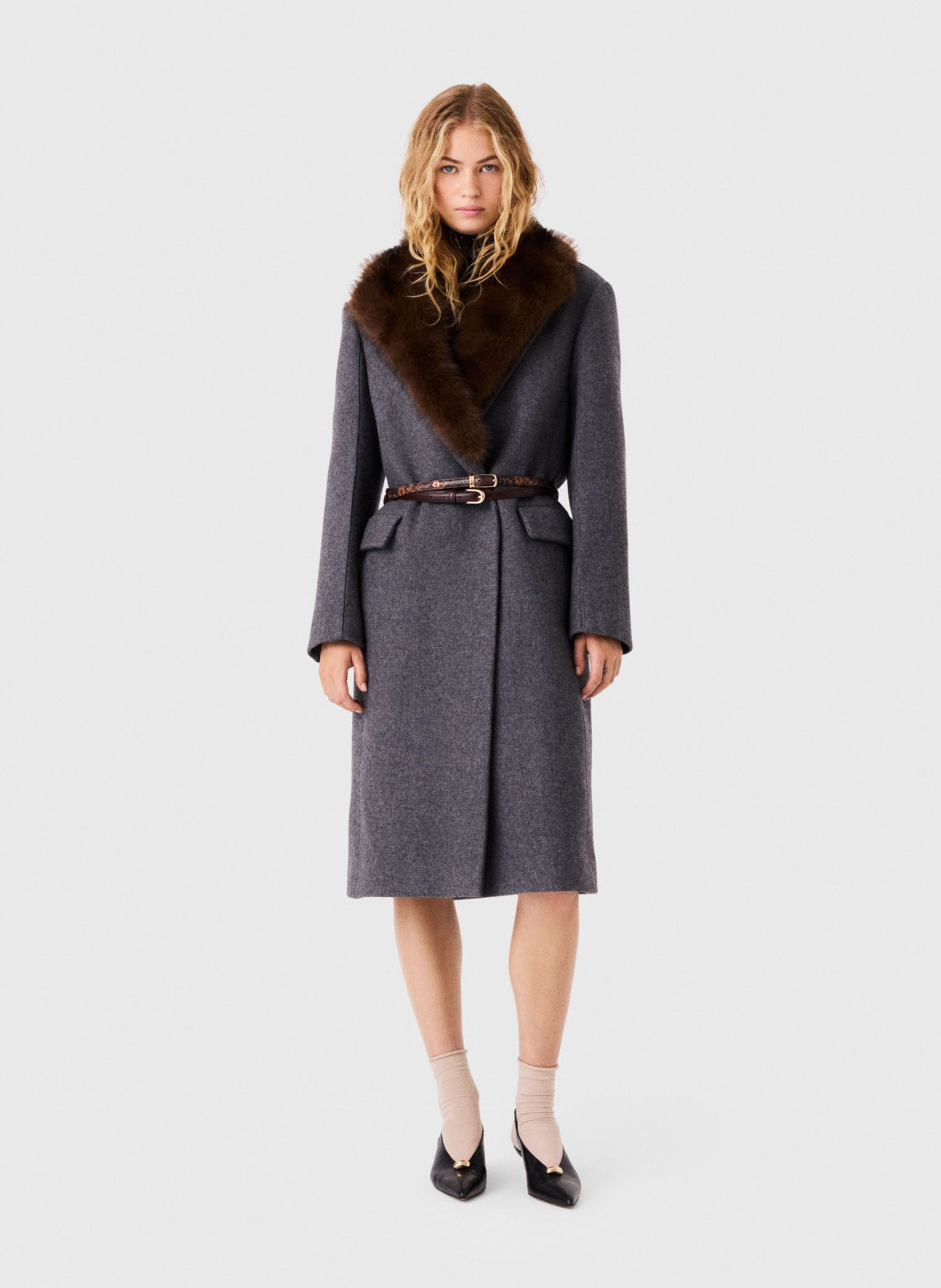 Manteau ceinture à col amovible en laine mélangée MAJE Gris