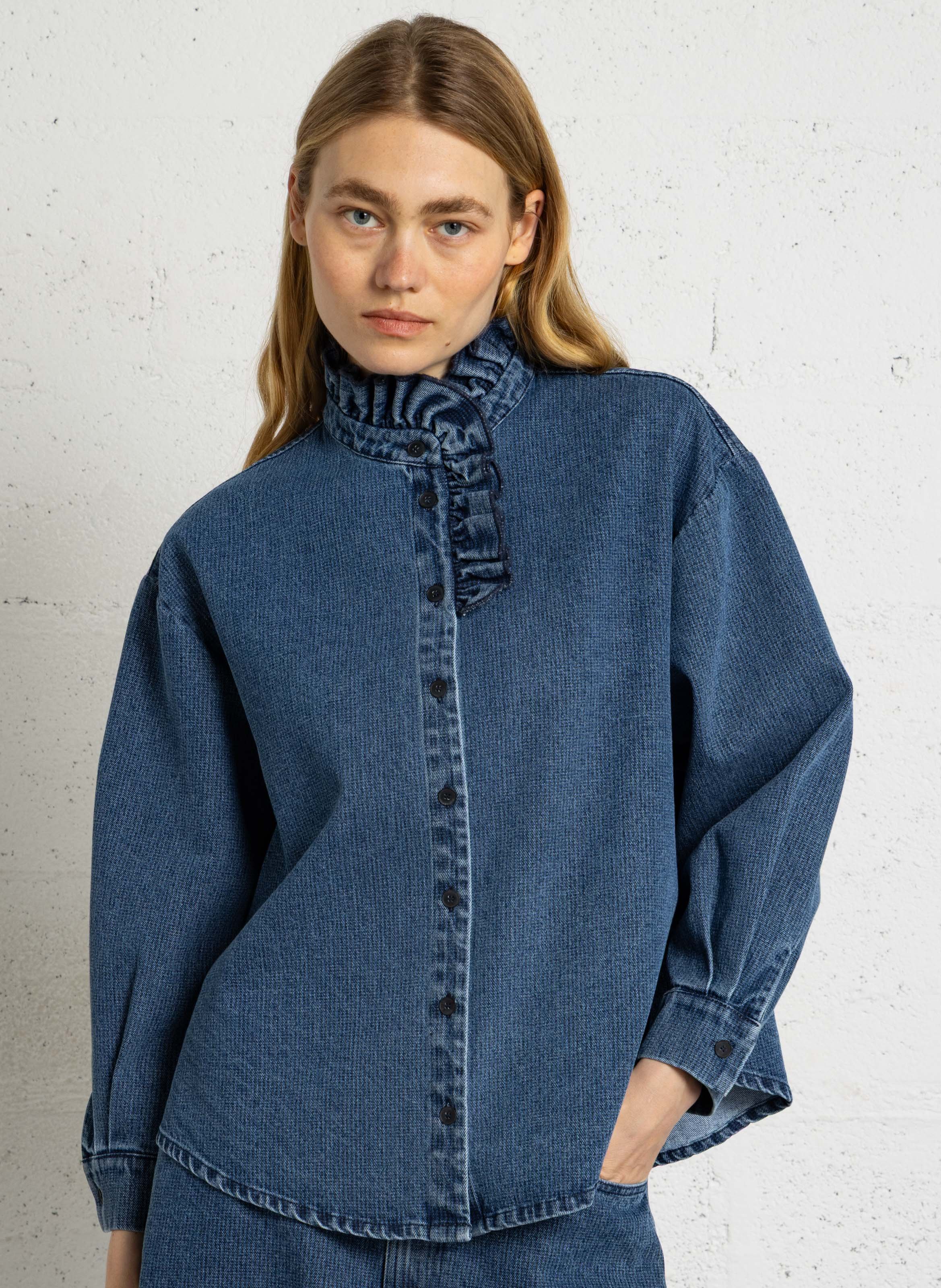 High-neck cotton denim shirt SUZIE WINKLE Blue