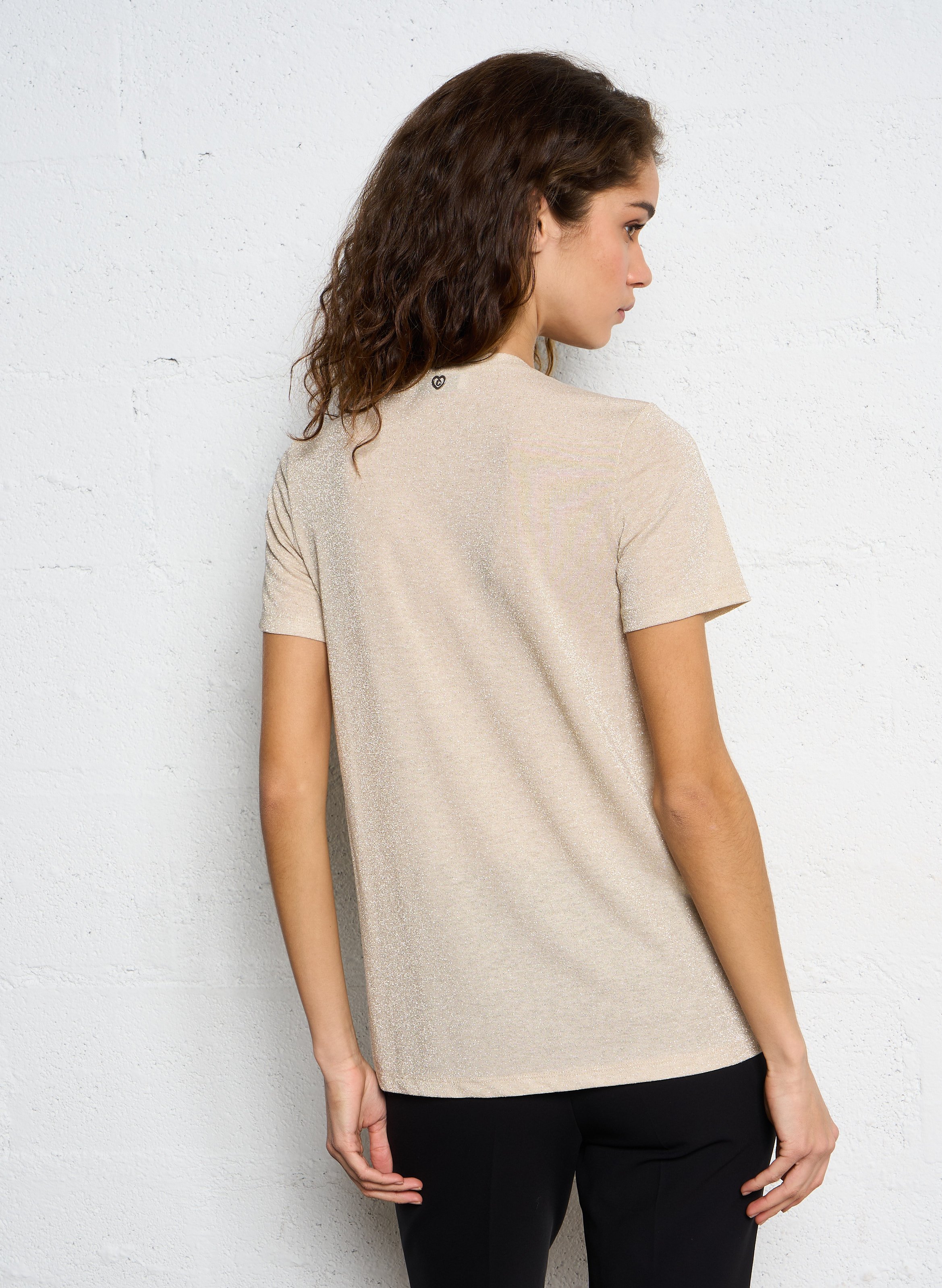 V-neck T-shirt with metallic thread PLEASE Golden