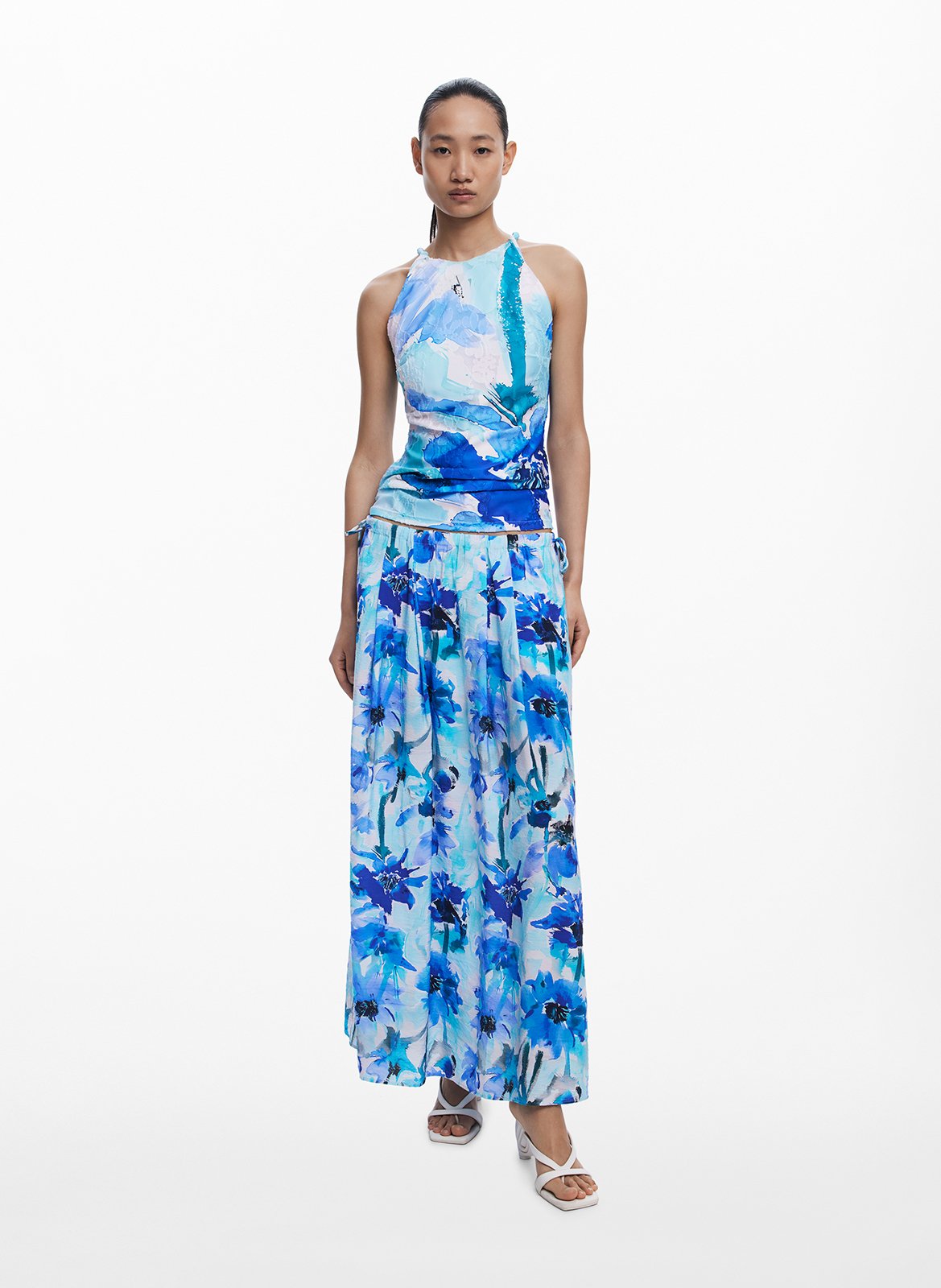 Jupe longue évasée fleurie Multicolore