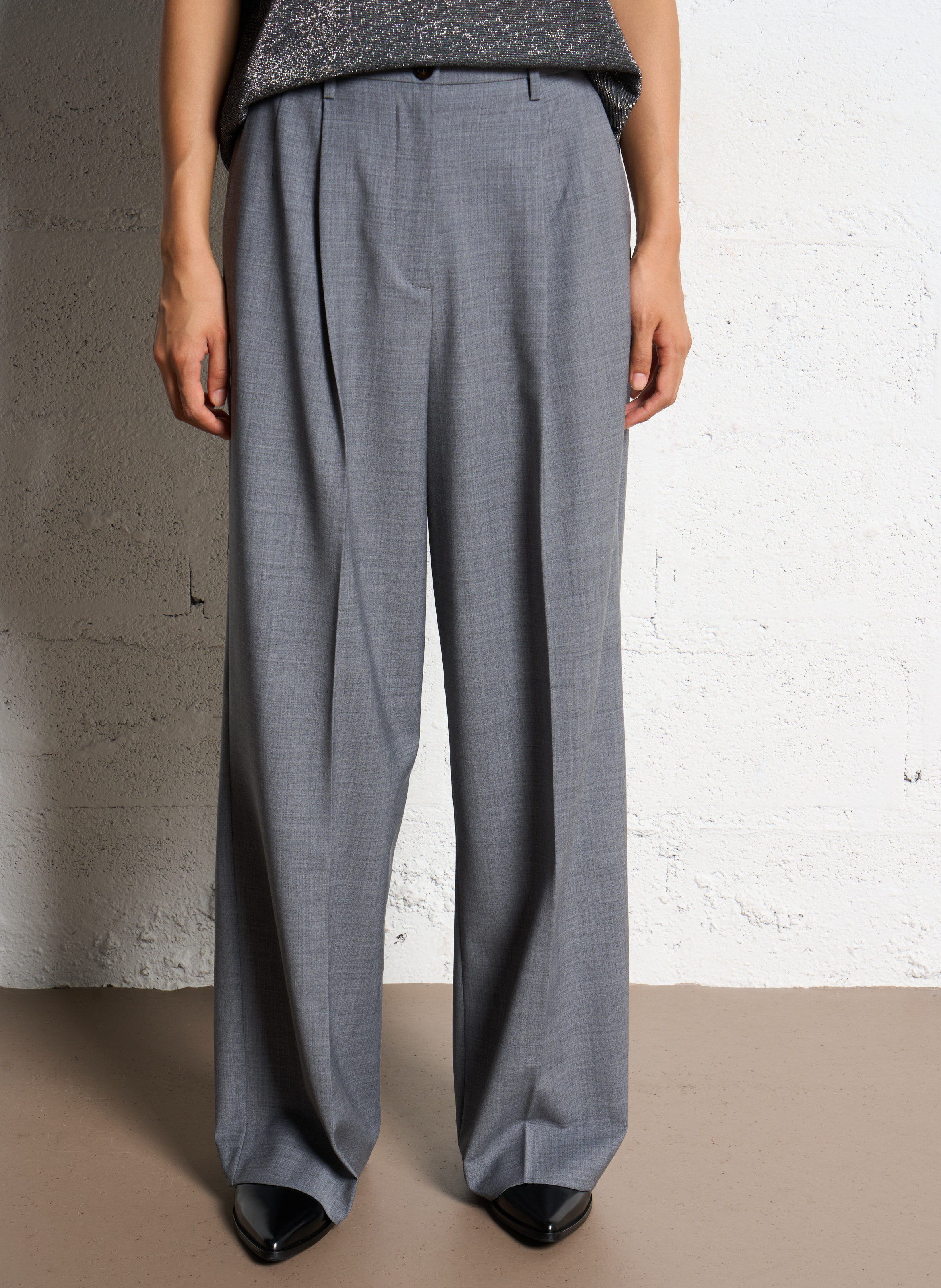 Wide pleated wool blend trousers Anthracite melange Filippa