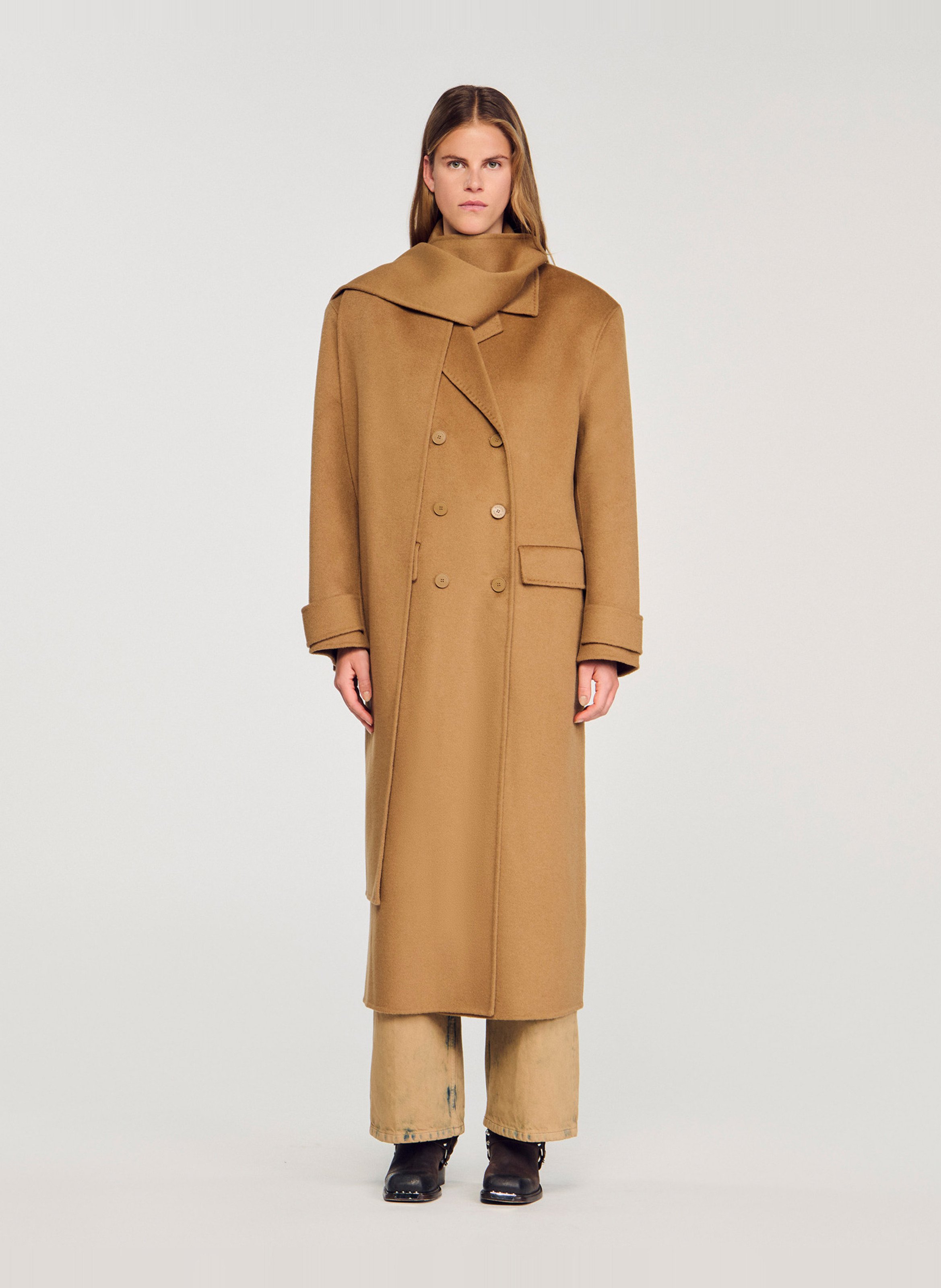 Jas met sjaalkraag van wol SANDRO Bruin