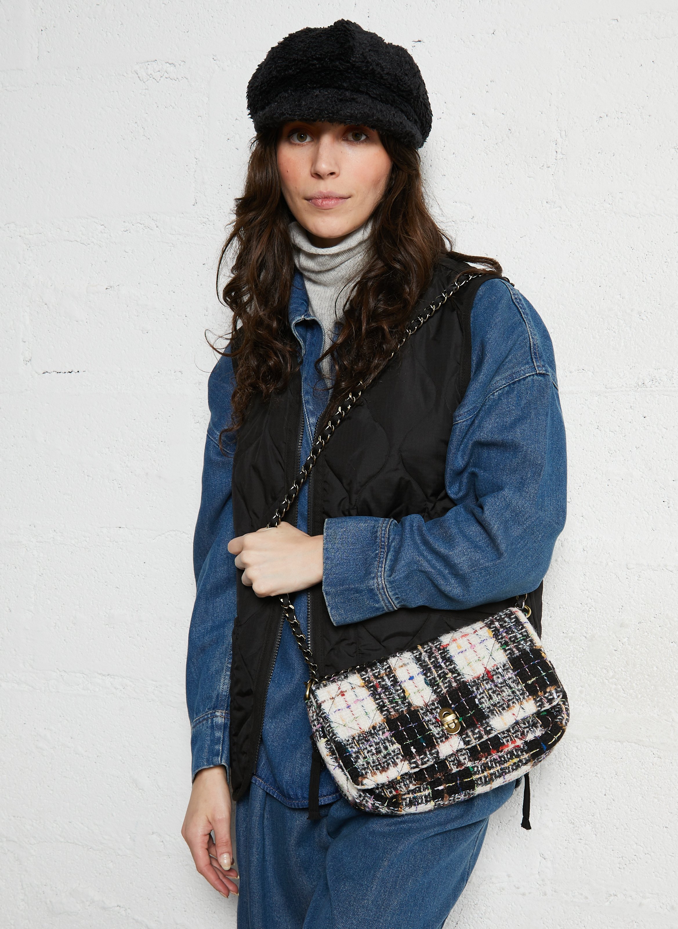 Karierte Umhängetasche aus Viskose-Mix BECKSONDERGAARD Schwarz