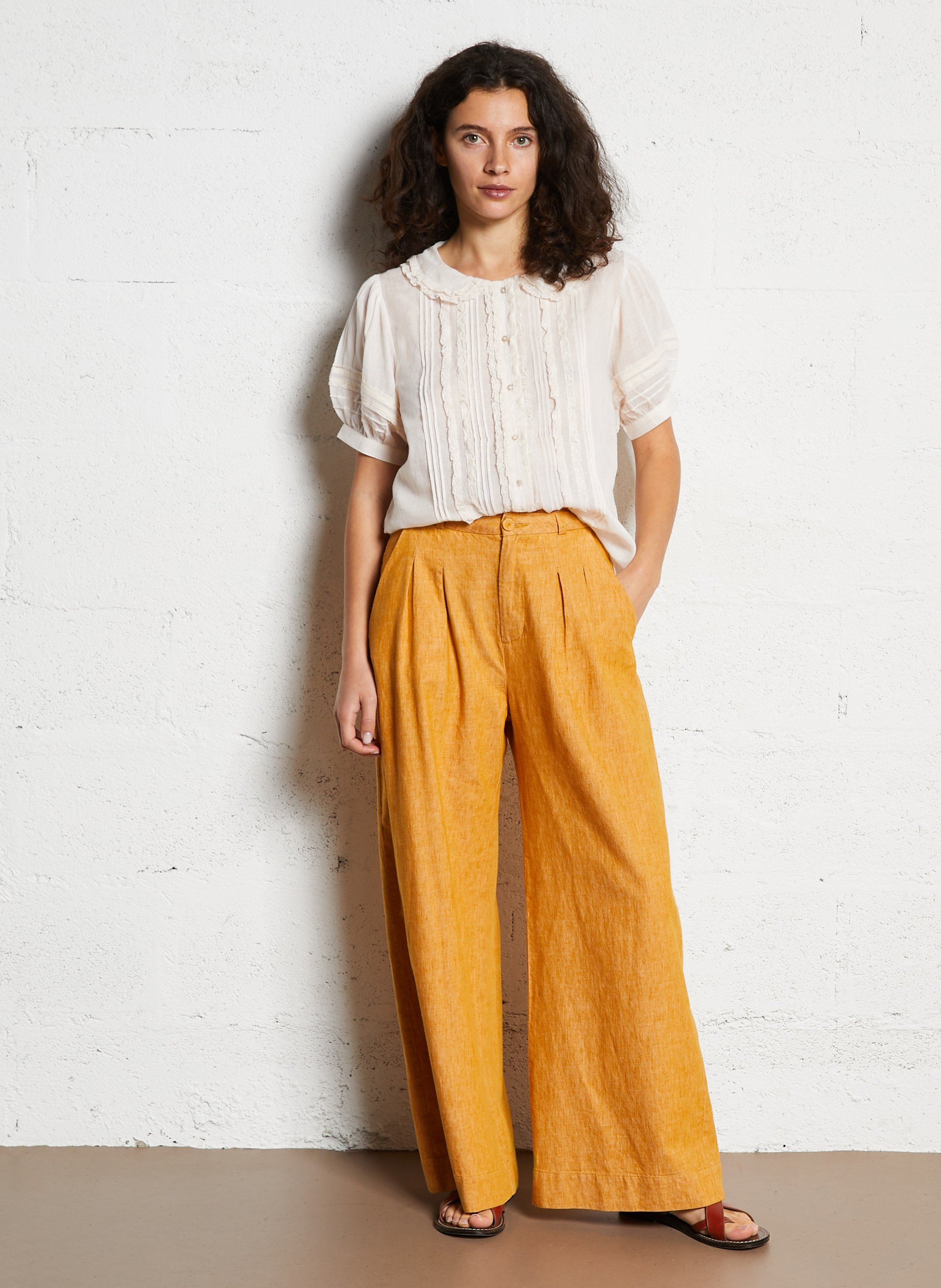 Pantalon large en coton mélangé Jaune