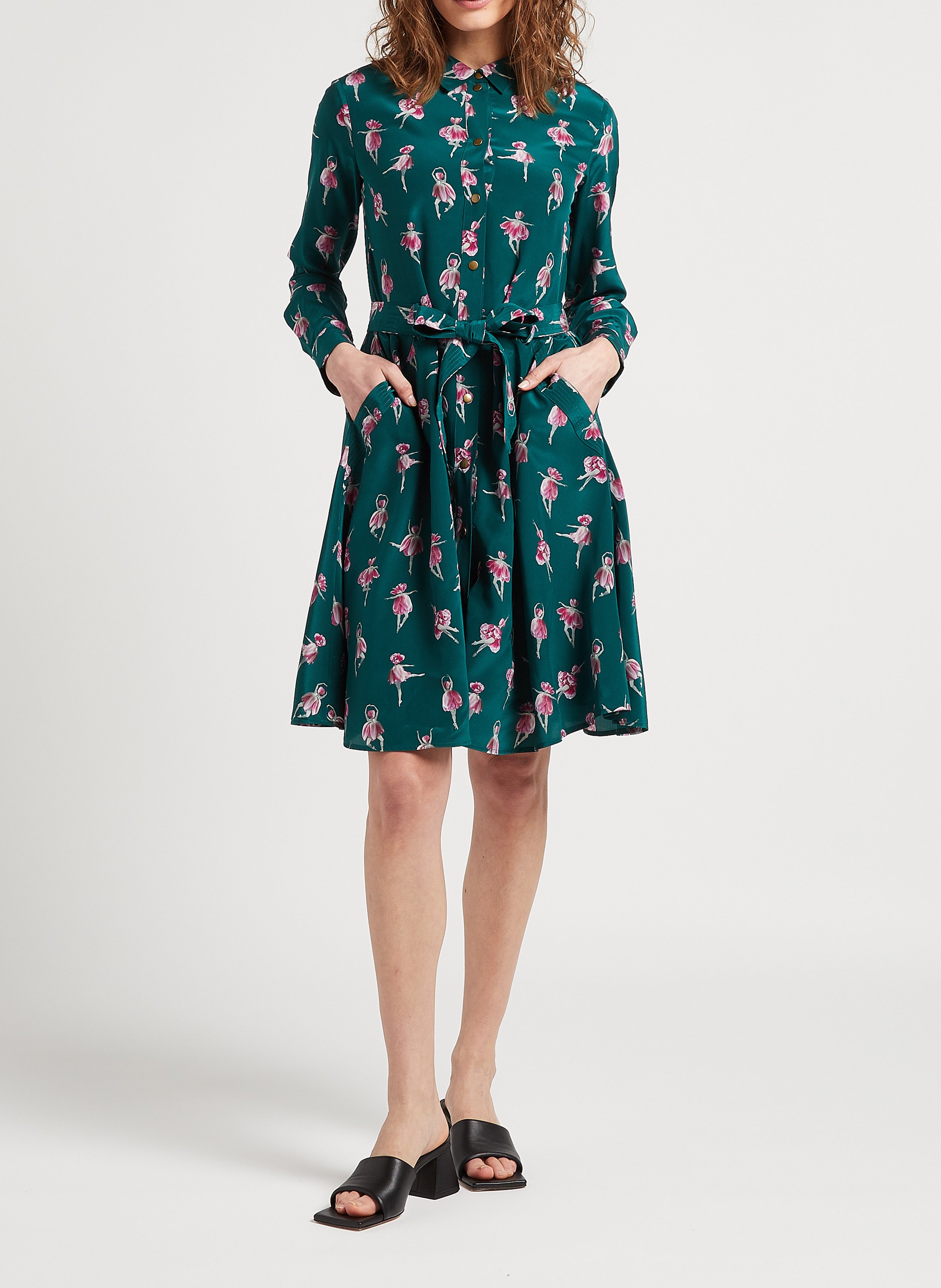 Halflange, zijden jurk met print SOI PARIS Groen