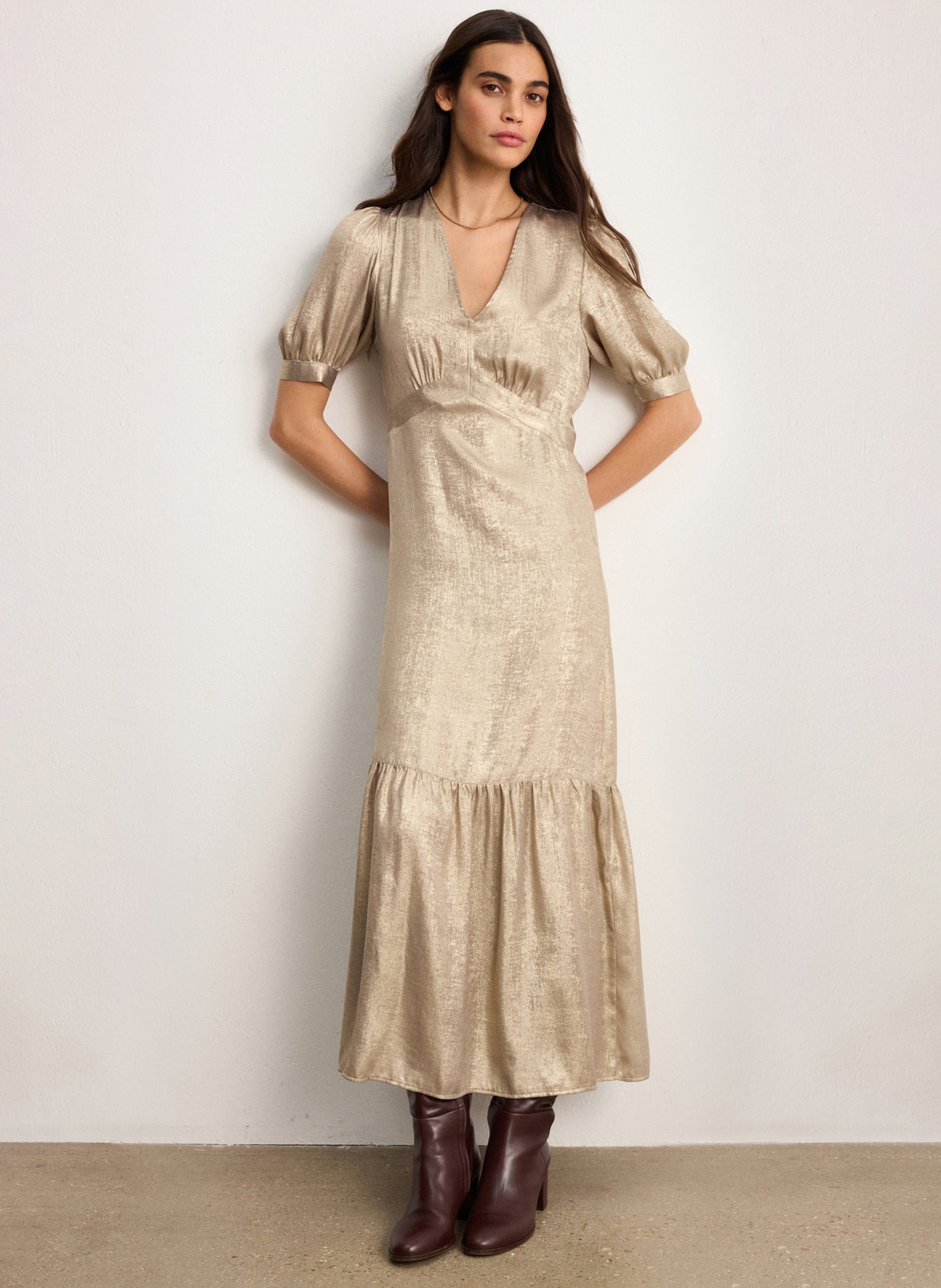 Long fitted V-neck dress PABLO Golden