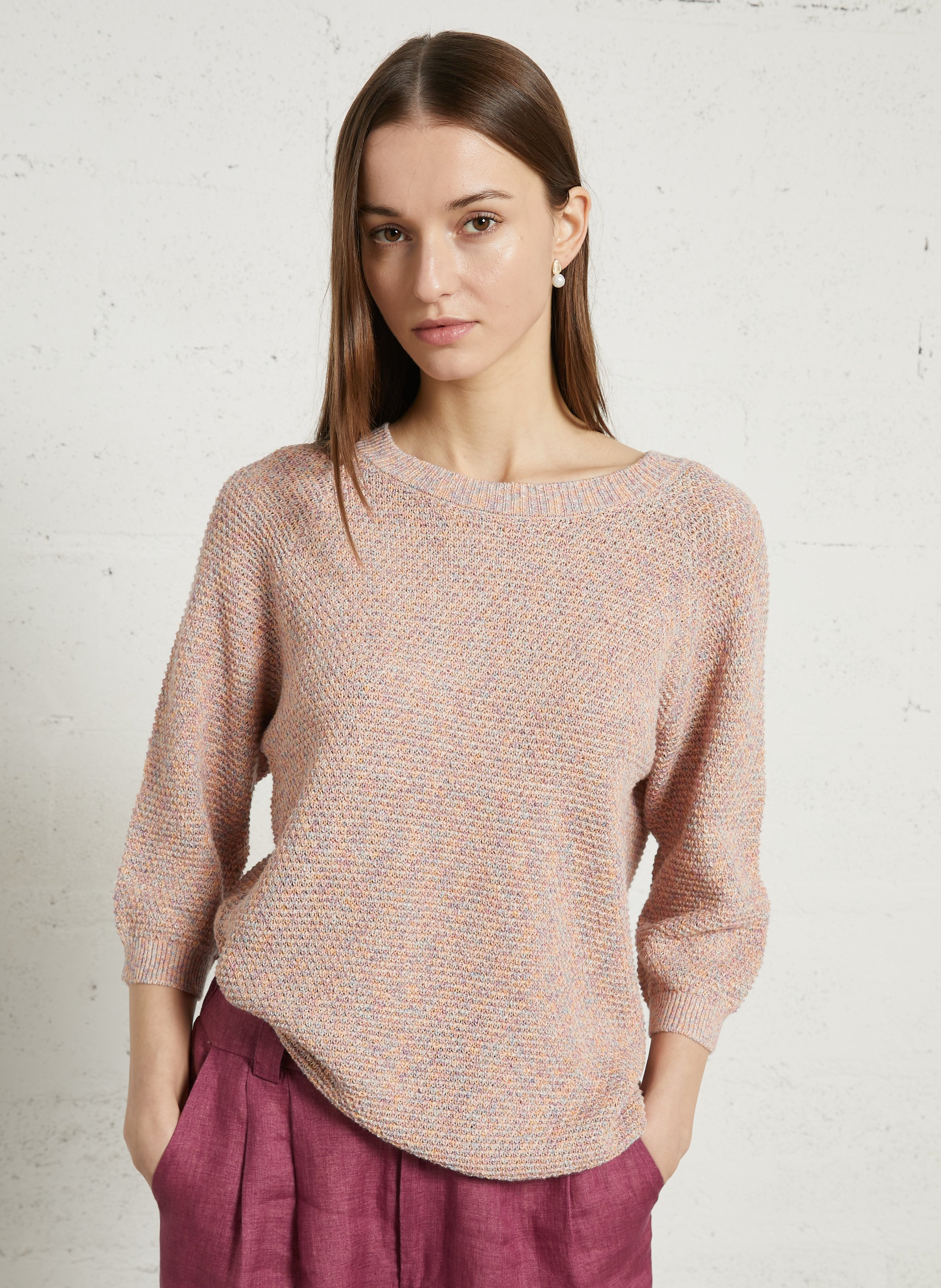 Pull col rond droit en coton et lin SUD EXPRESS Multicolore