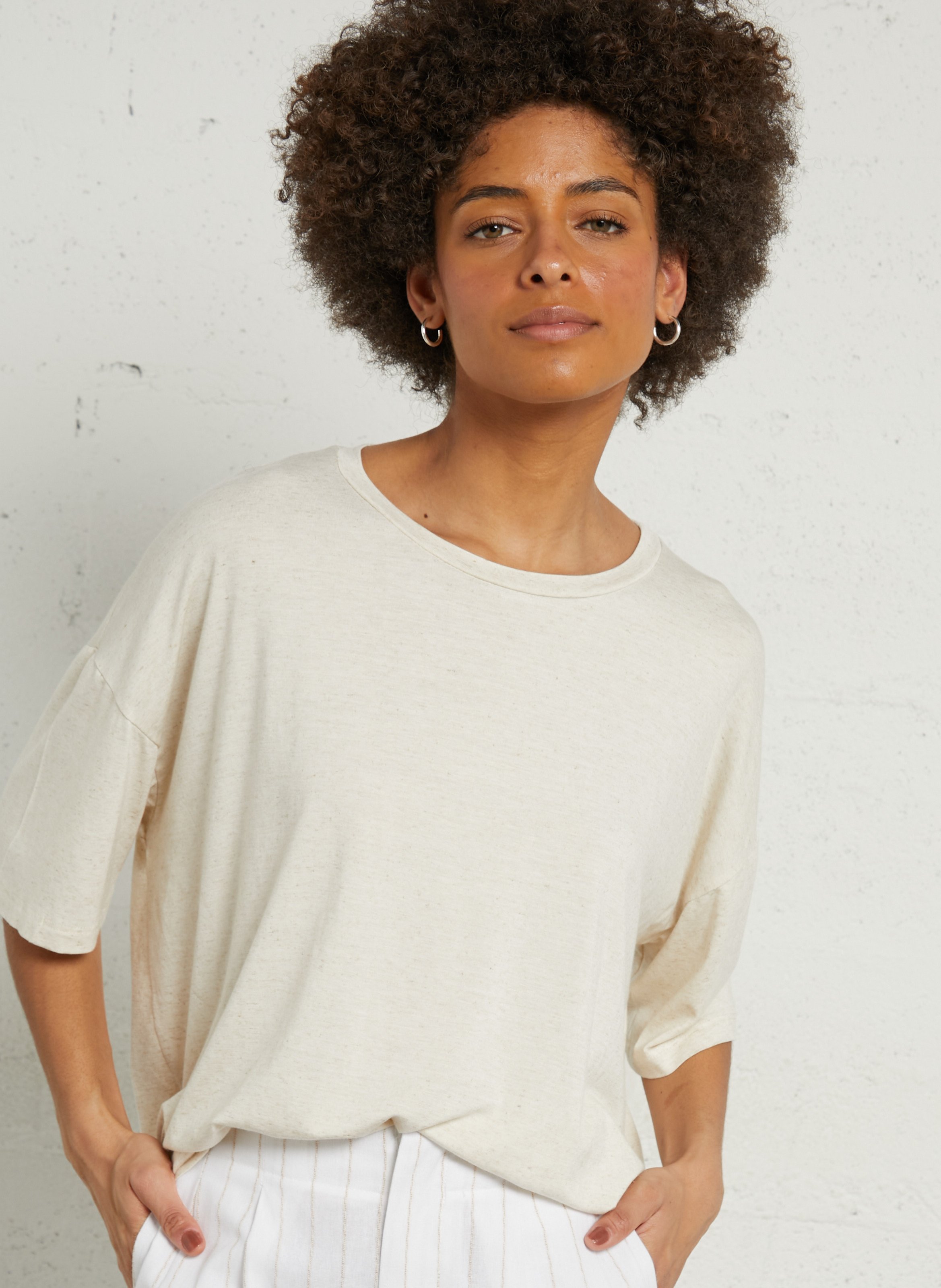 Tee-shirt oversize col rond PLEASE Beige