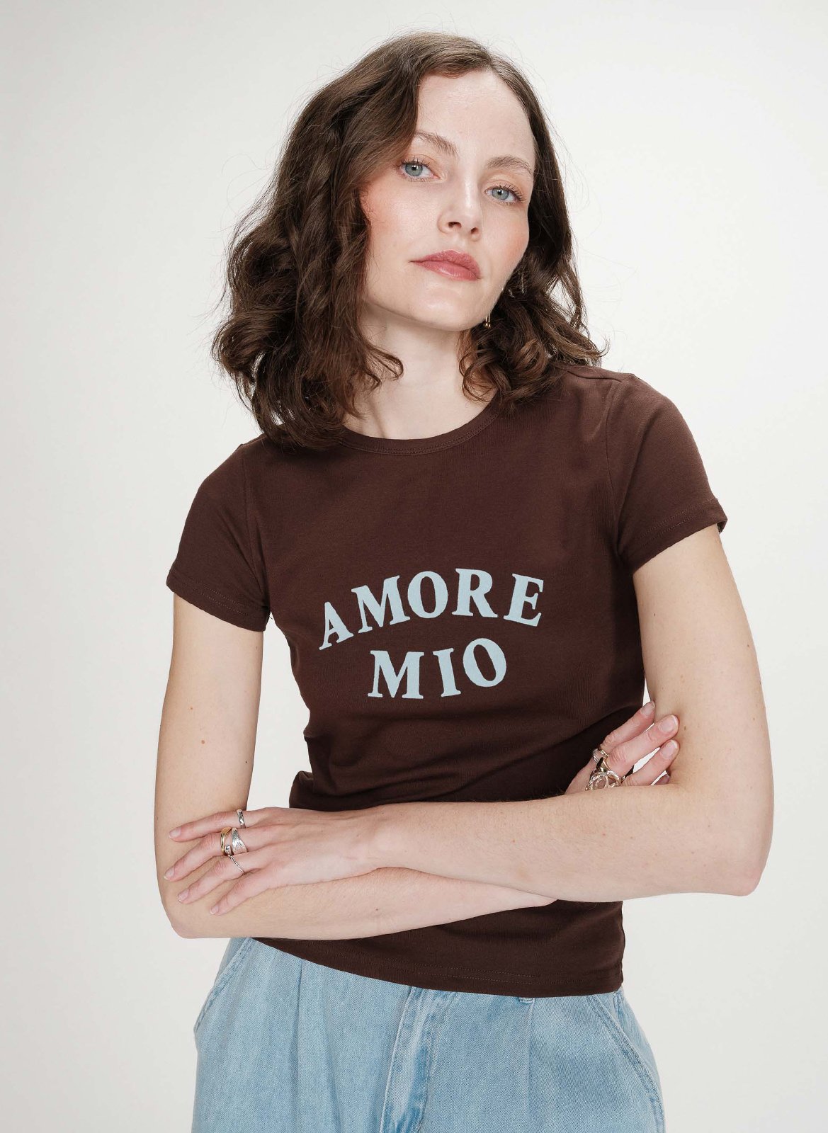 Tee-shirt col rond cintré sérigraphié en coton mélangé GRACE ET MILA Marron