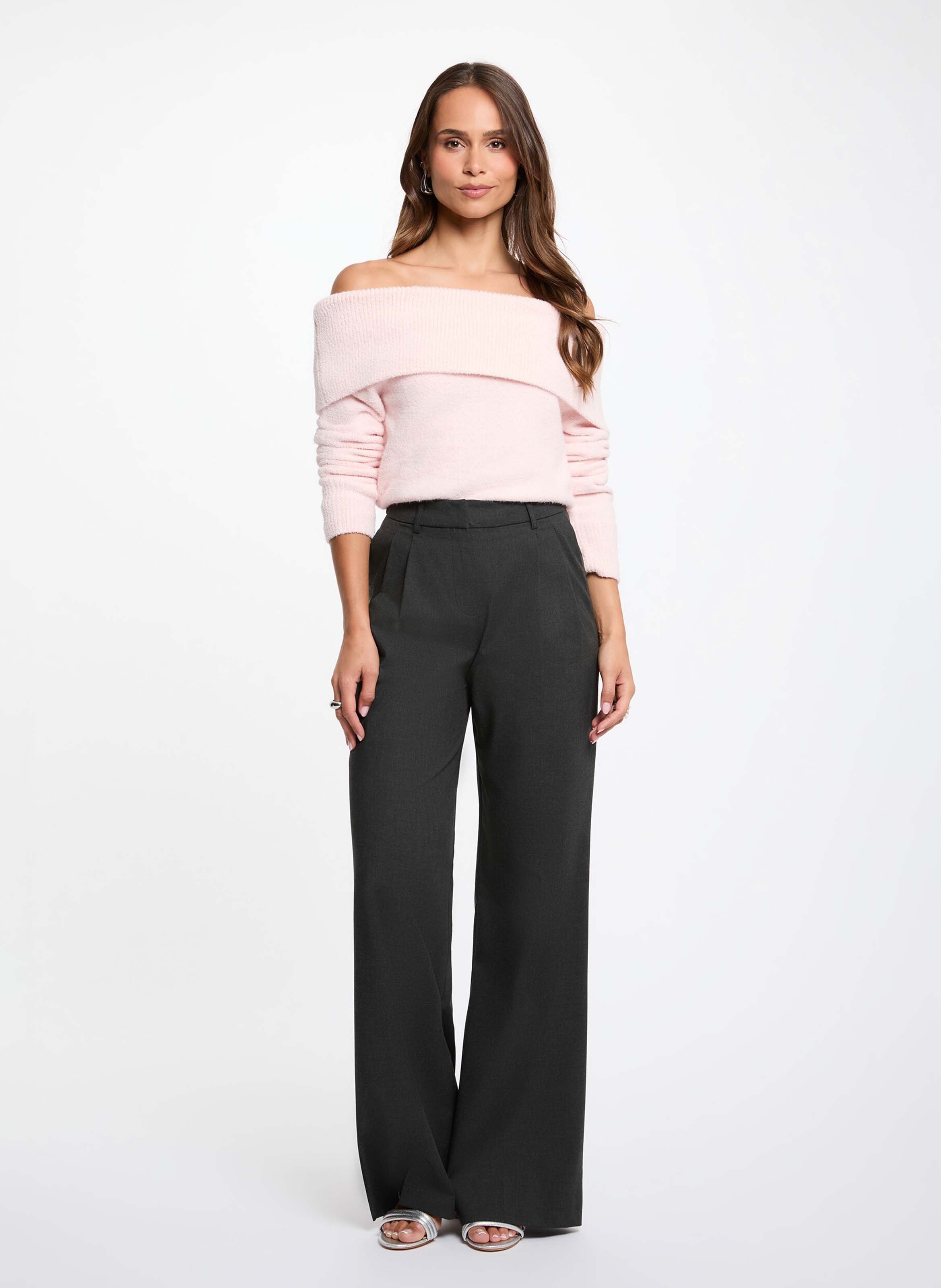 Fitted off-the-shoulder knit sweater | Pink MORGAN Women