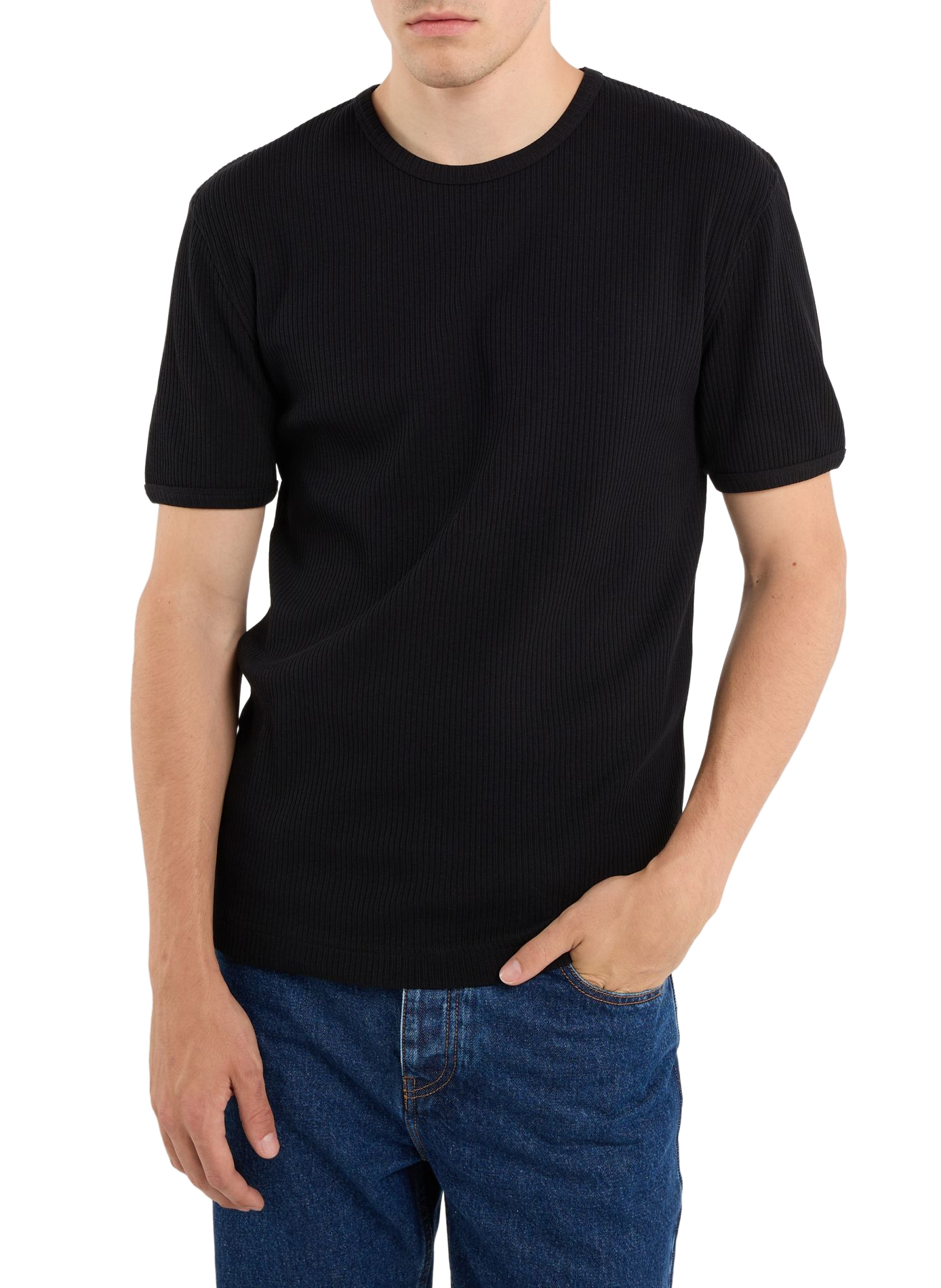 Straight round neck ribbed cotton T-shirt SAISON 1865 Black