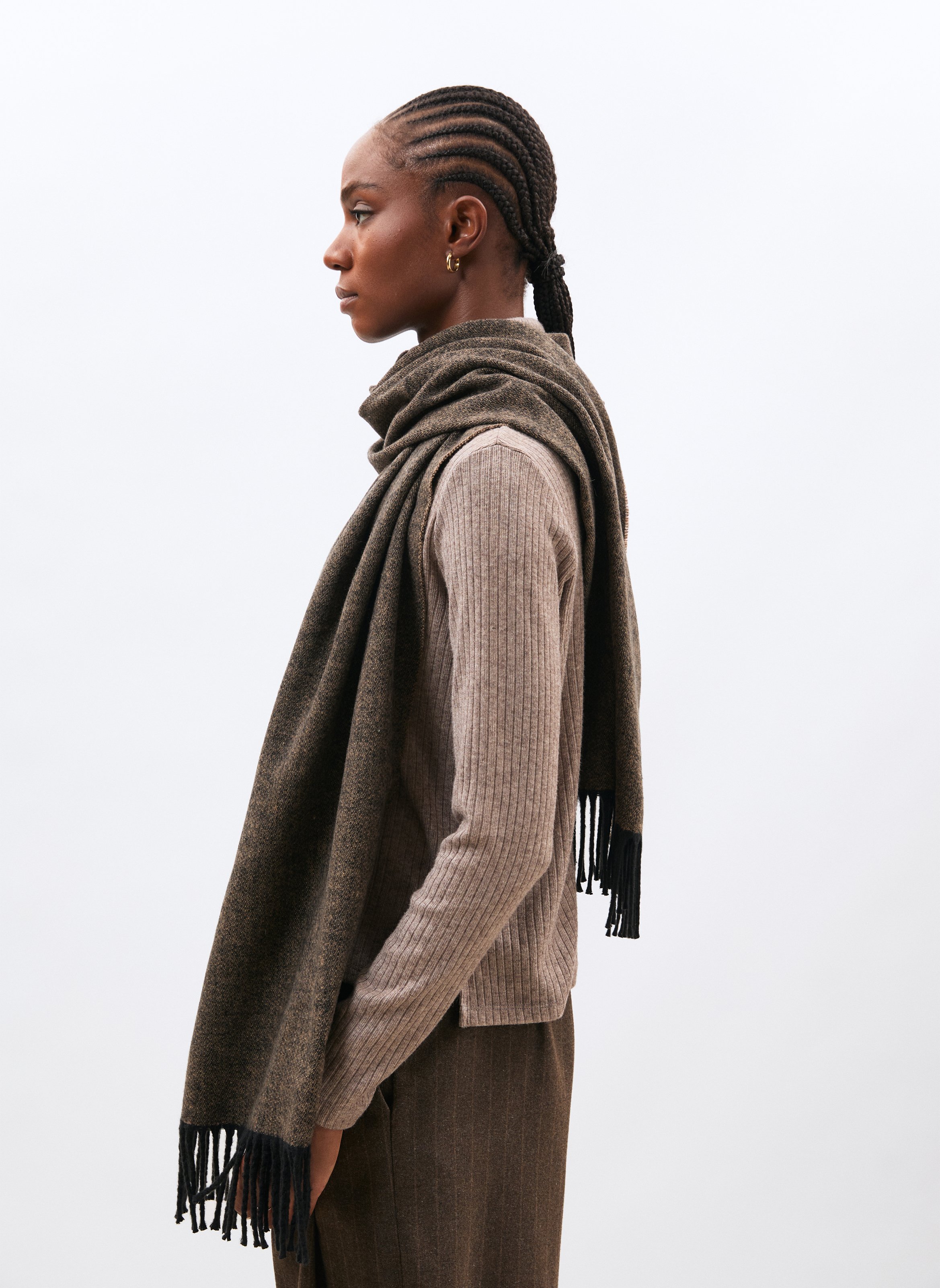 Double-sided fringed scarf in blended cotton HUMILITY Brown