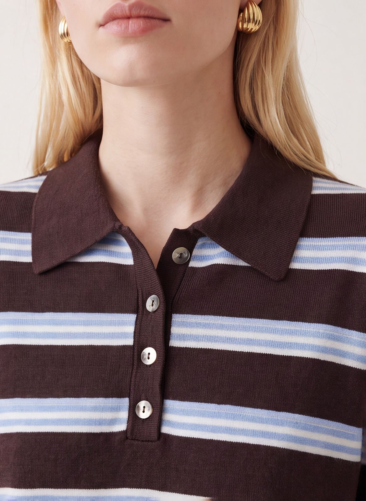 Straight-cut striped polo-collar sweater KOOKAI Brown