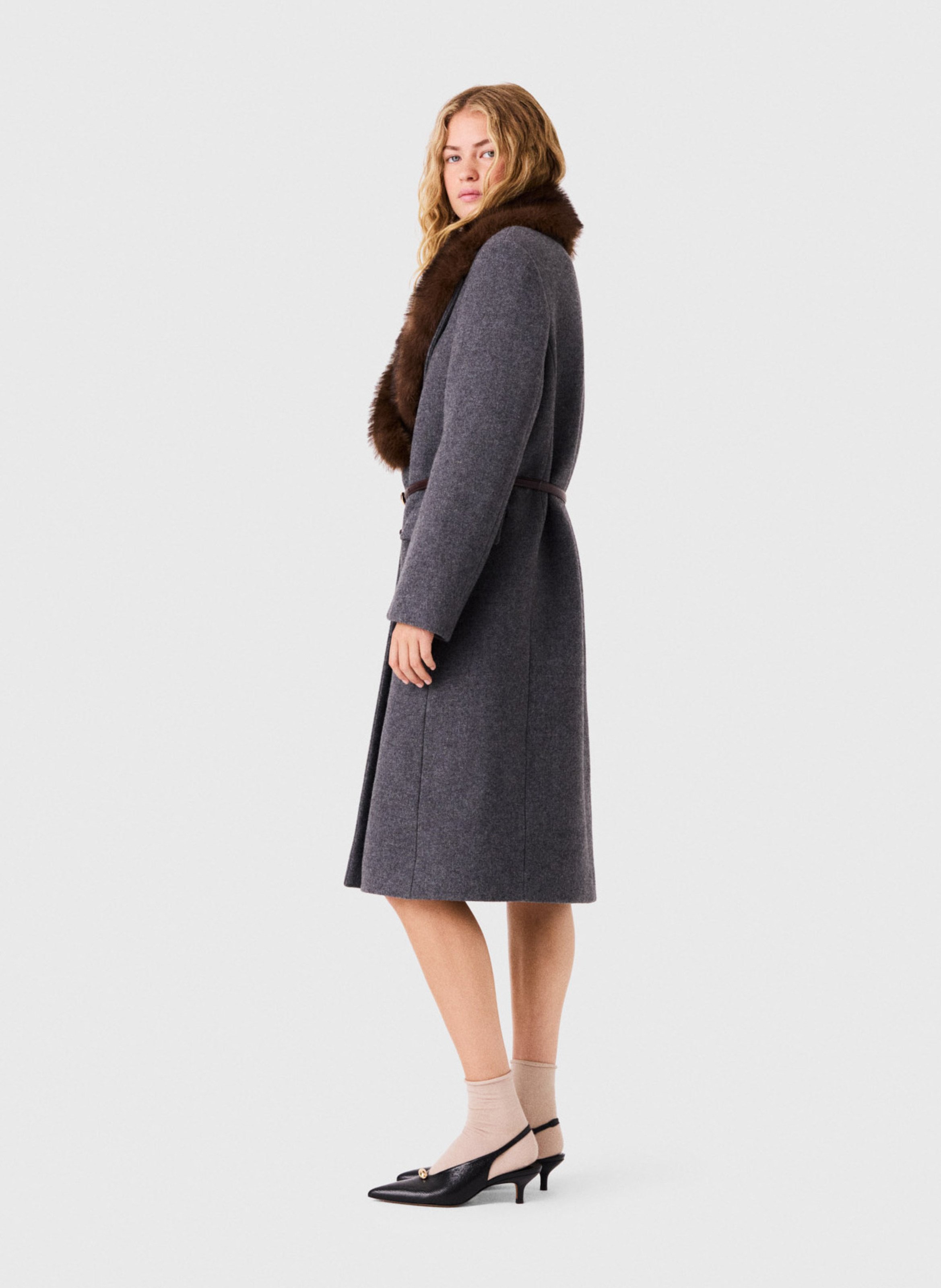 Manteau ceinture à col amovible en laine mélangée MAJE Gris