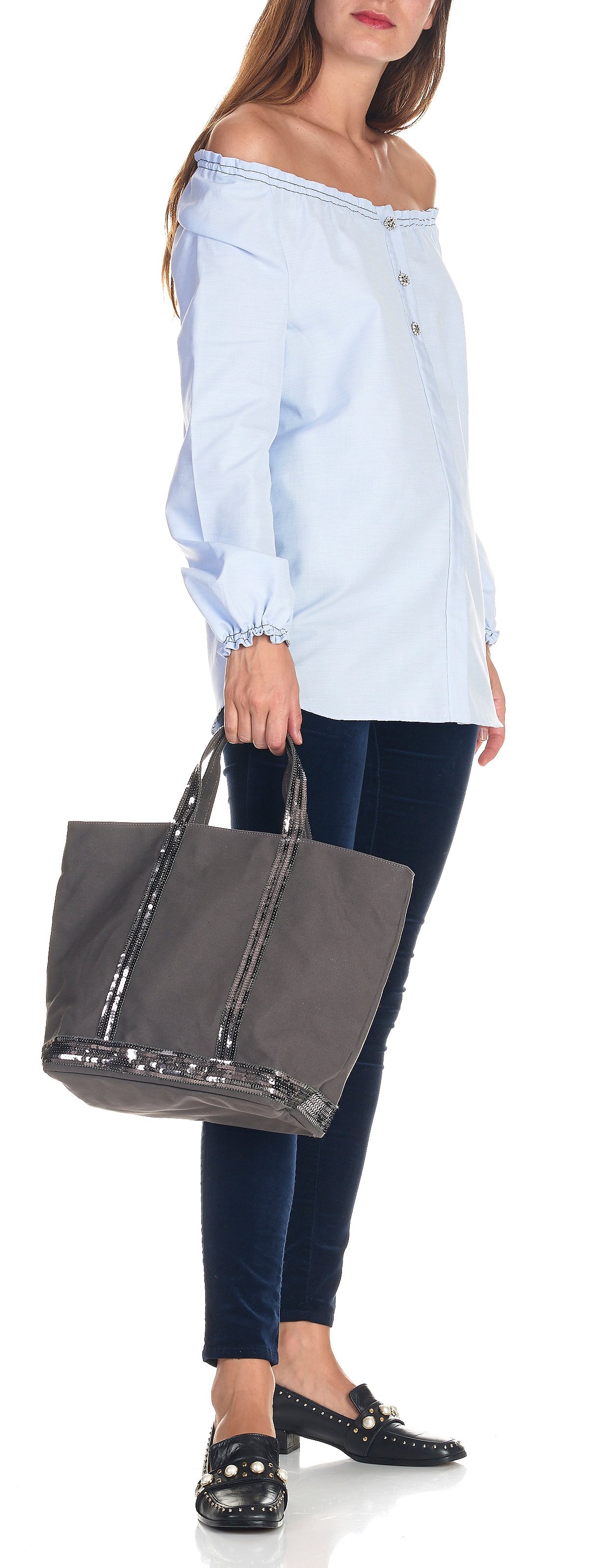 Sequined cotton canvas tote bag VANESSA BRUNO Grey