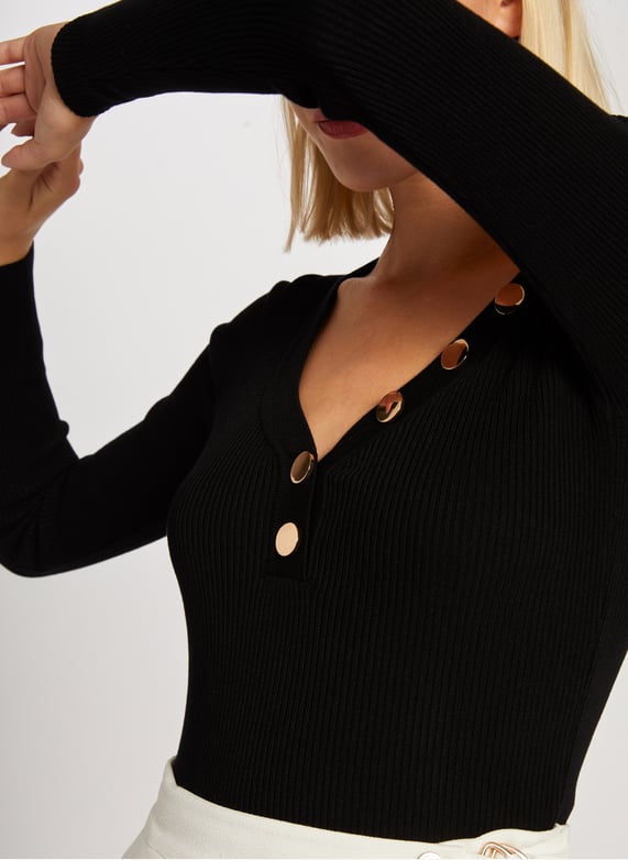 Imily Bela Pull Femme Col V Côtelé Ajusté Sexy Manches Longues Tunique Basique