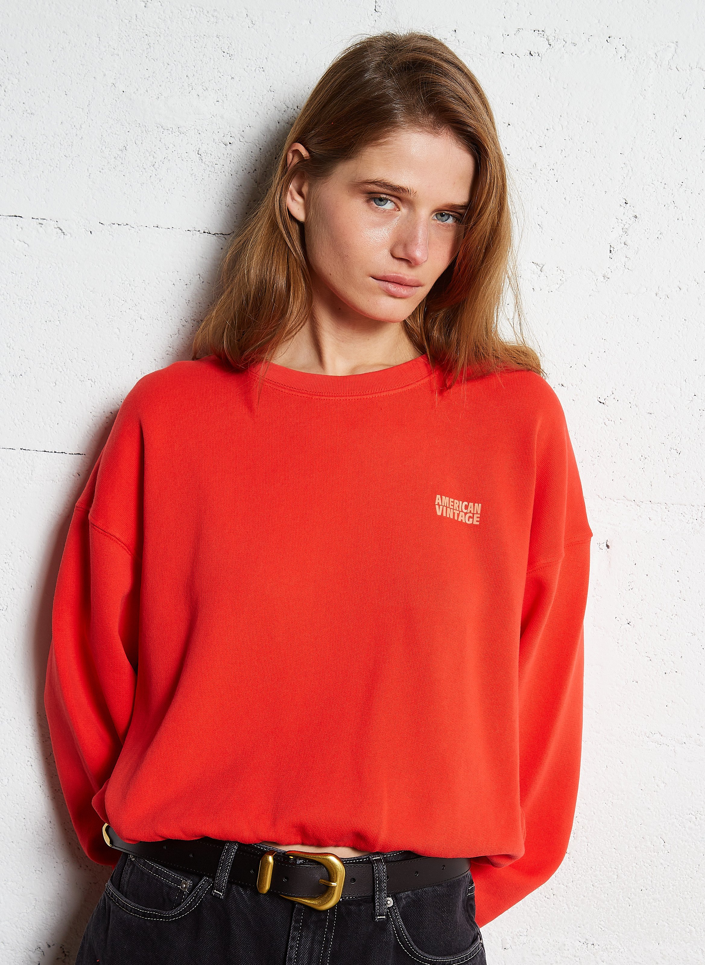 Sweat court col rond en coton mélangé  AMERICAN VINTAGE Rouge