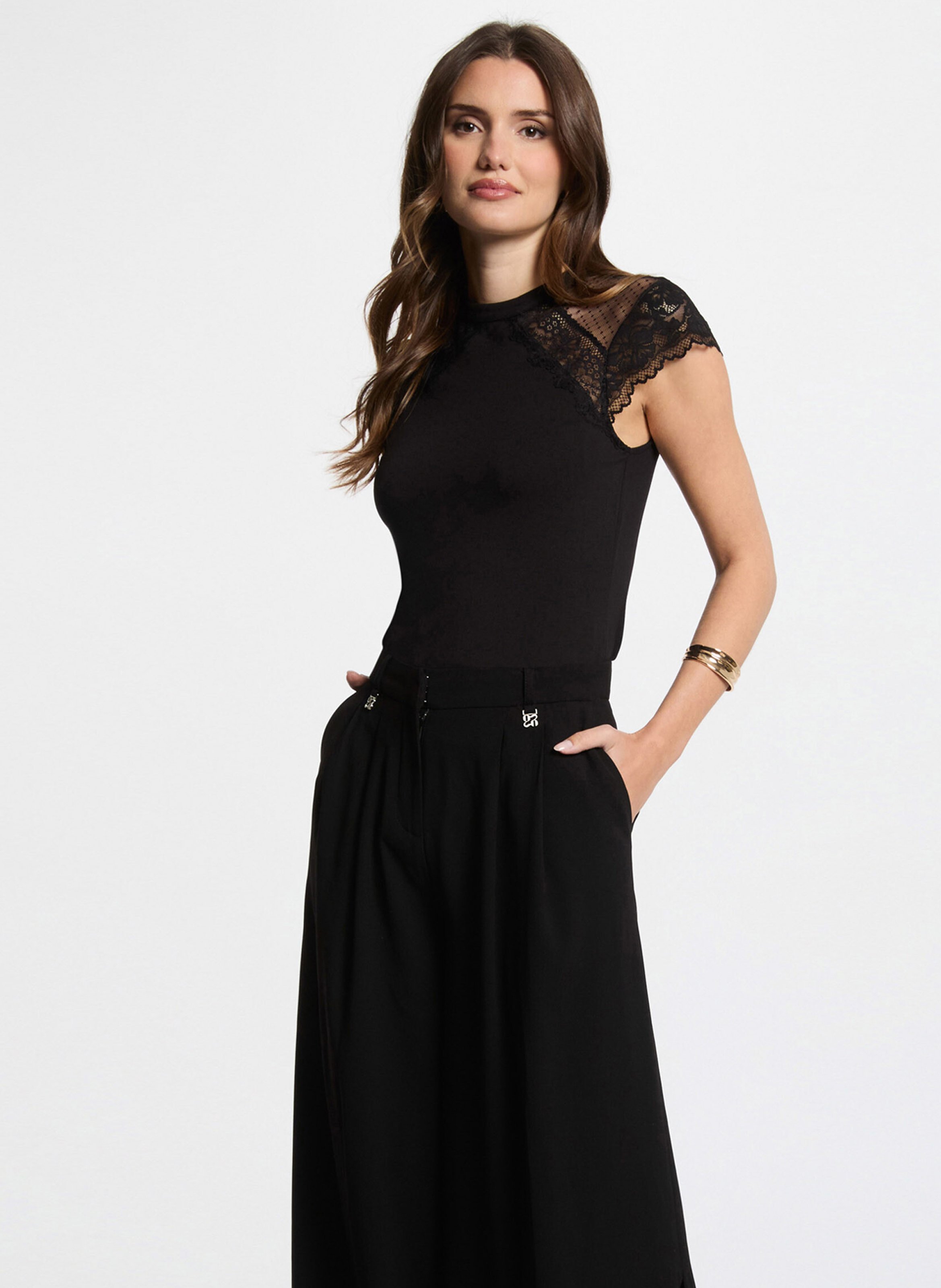 Fitted top with lace and Swiss dot MORGAN Black