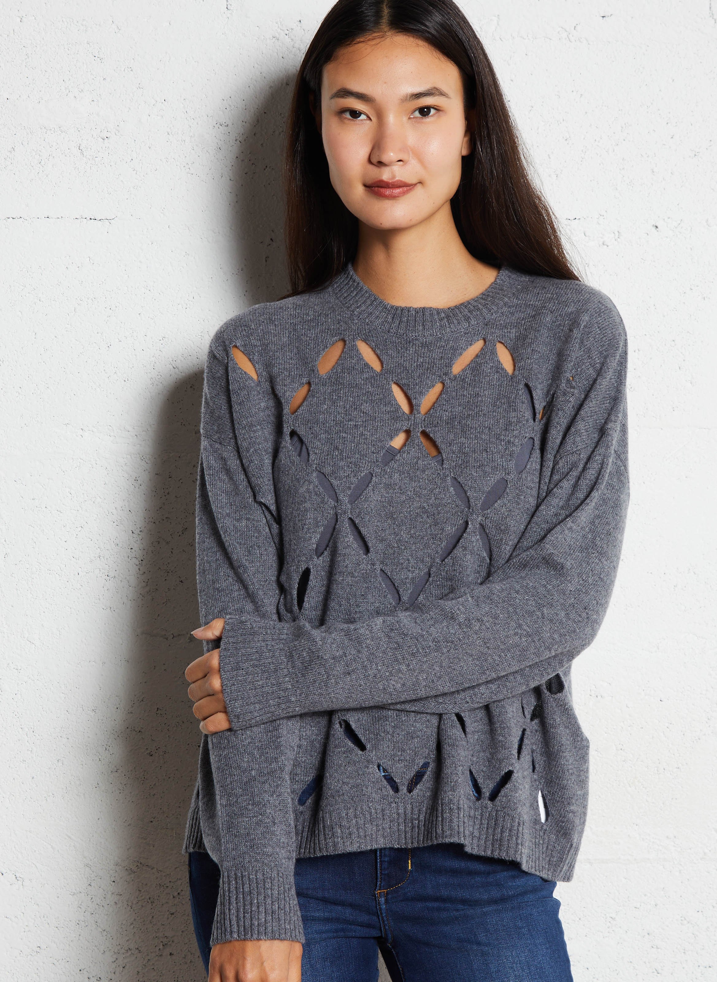 Pull ample fantaisies ajourées en laine LIU JO Gris