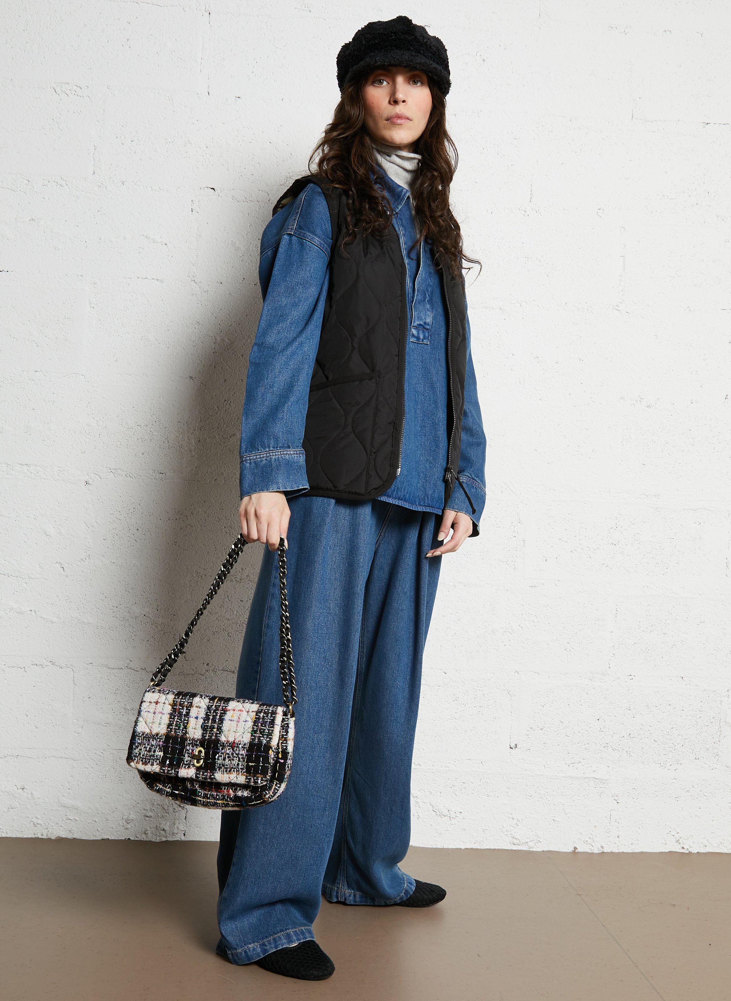 Karierte Umhängetasche aus Viskose-Mix BECKSONDERGAARD Schwarz