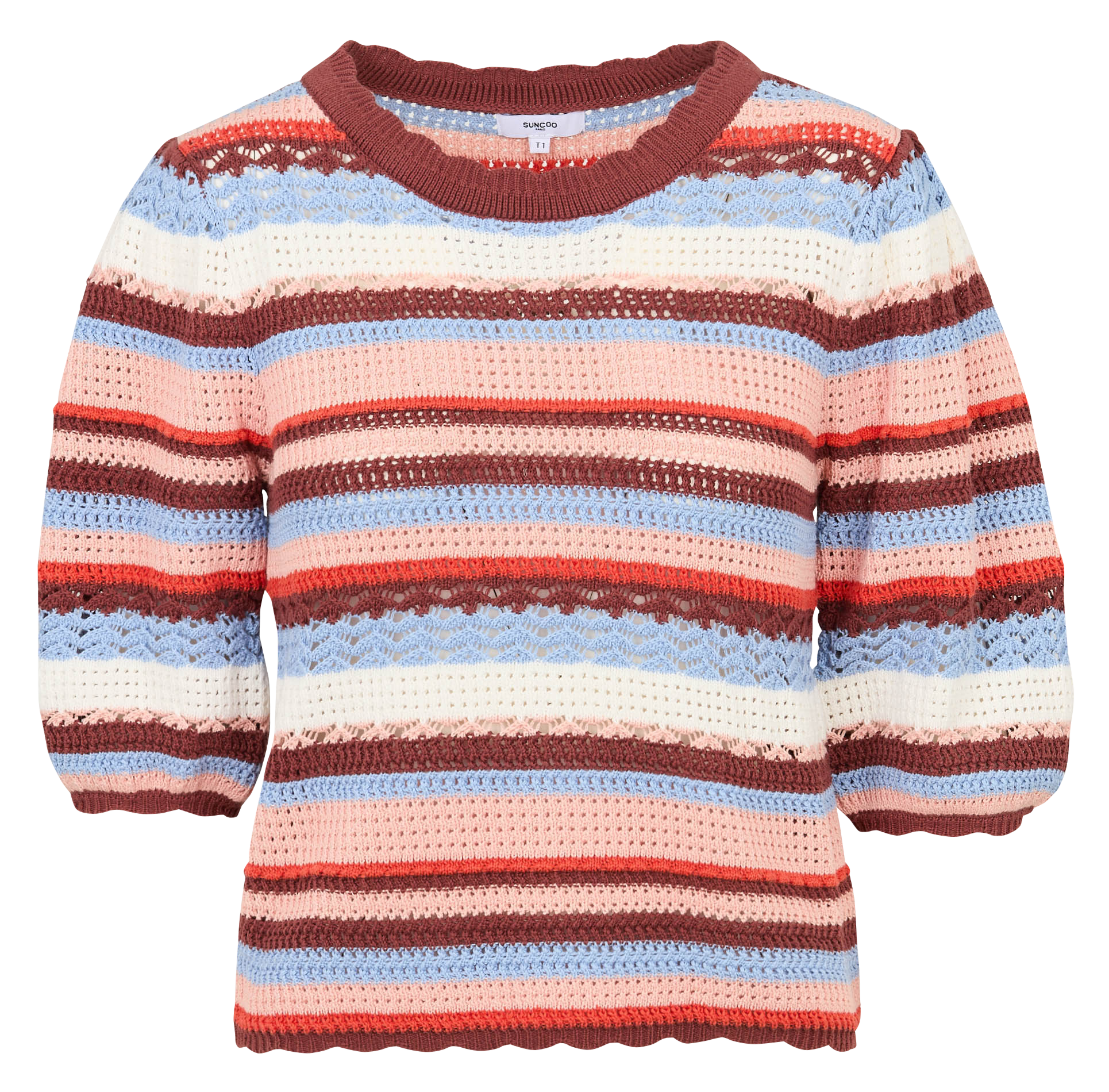 Pull manches courtes rayé en crochet SUNCOO Marron
