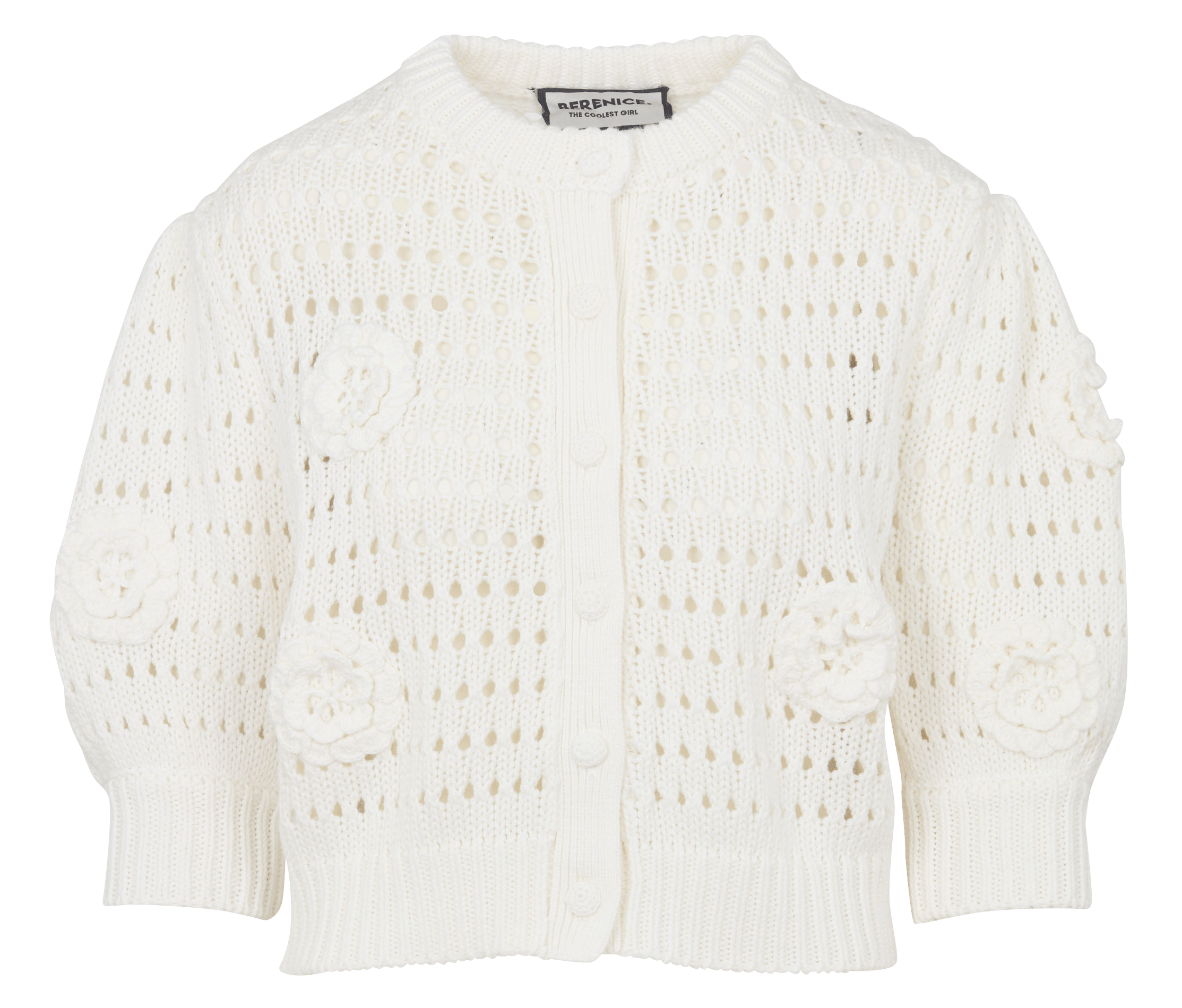 Ruimvallend vest met ronde hals, ajourpatroon en bloemen van katoen. BERENICE Wit