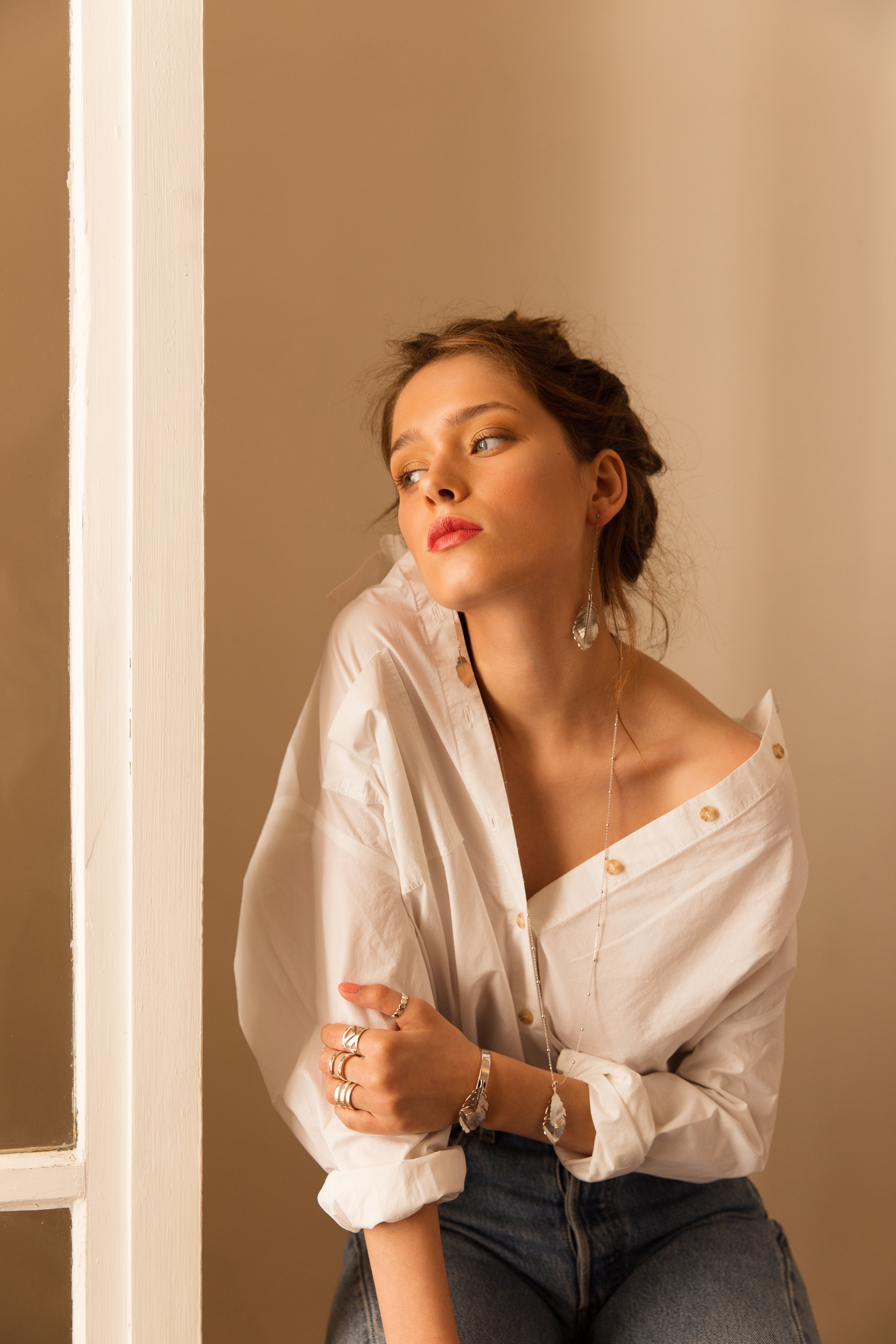 Dangling earrings gold-plated with gold leaves MONSIEUR SIMONE Silver